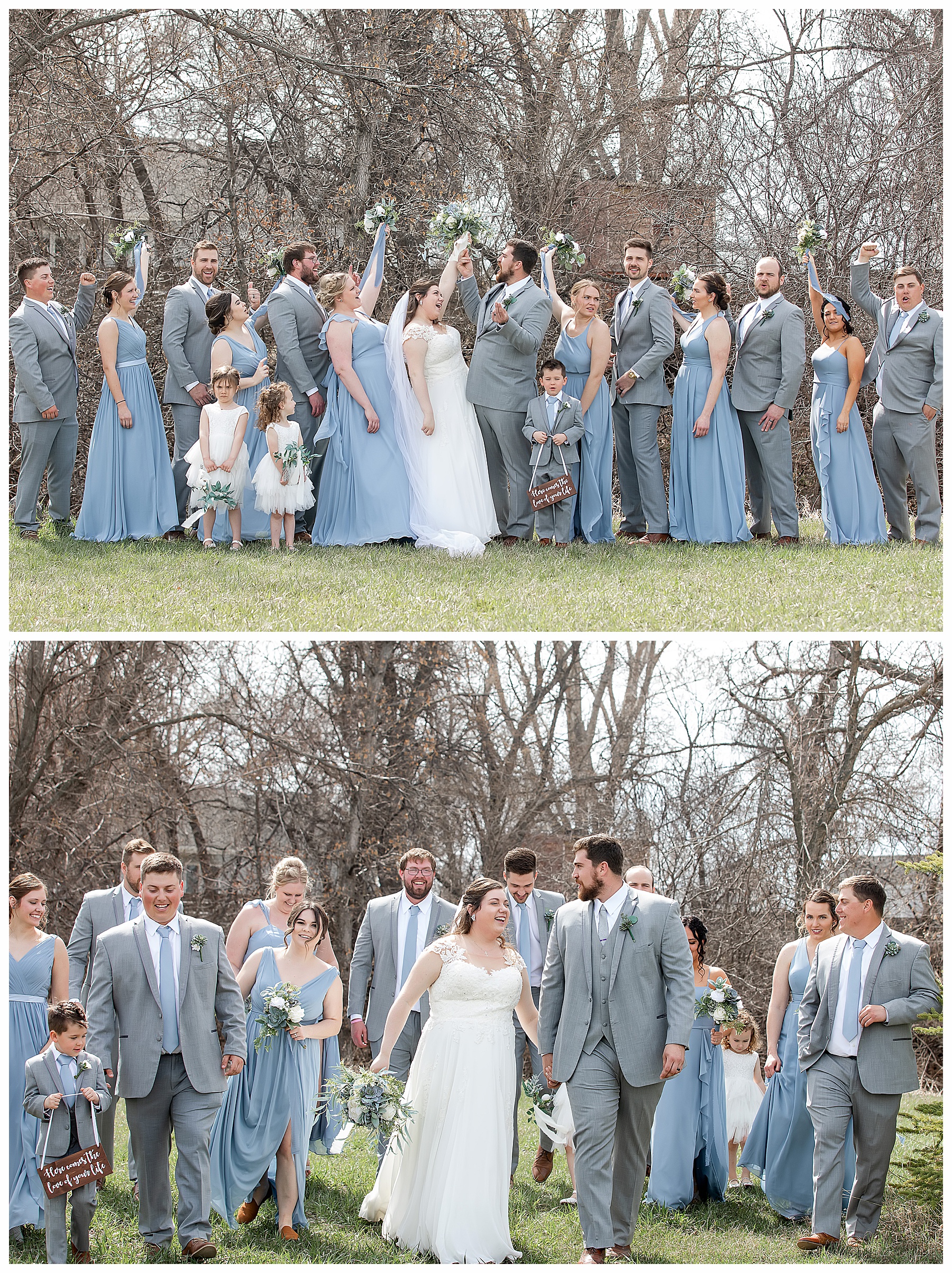 bridal party wearing blue and grey cheerr for bride and groom