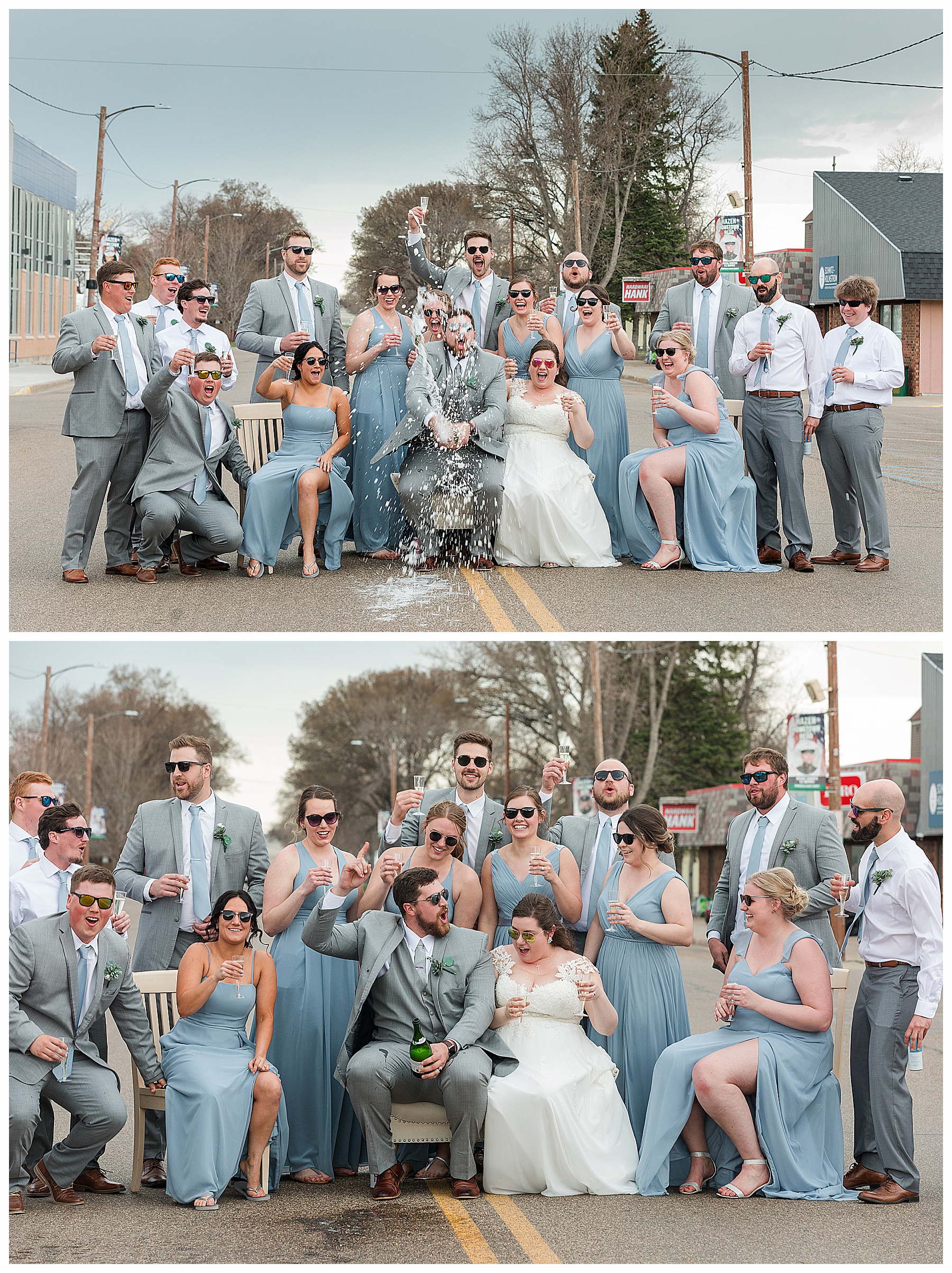 bride, groom and wedding party have a champagne toast on Main Street