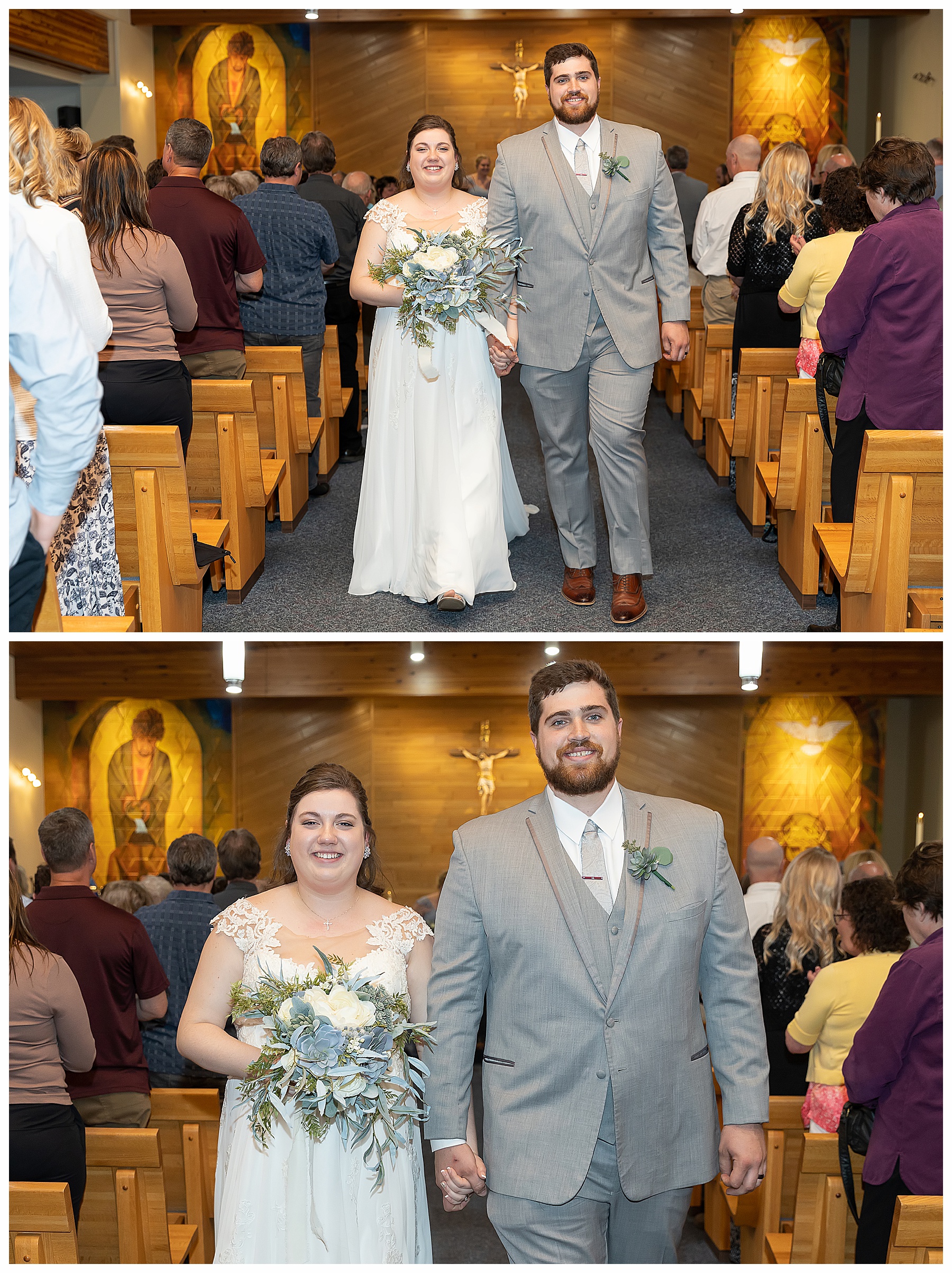 bride and groom all smiles as they come back up the aisle