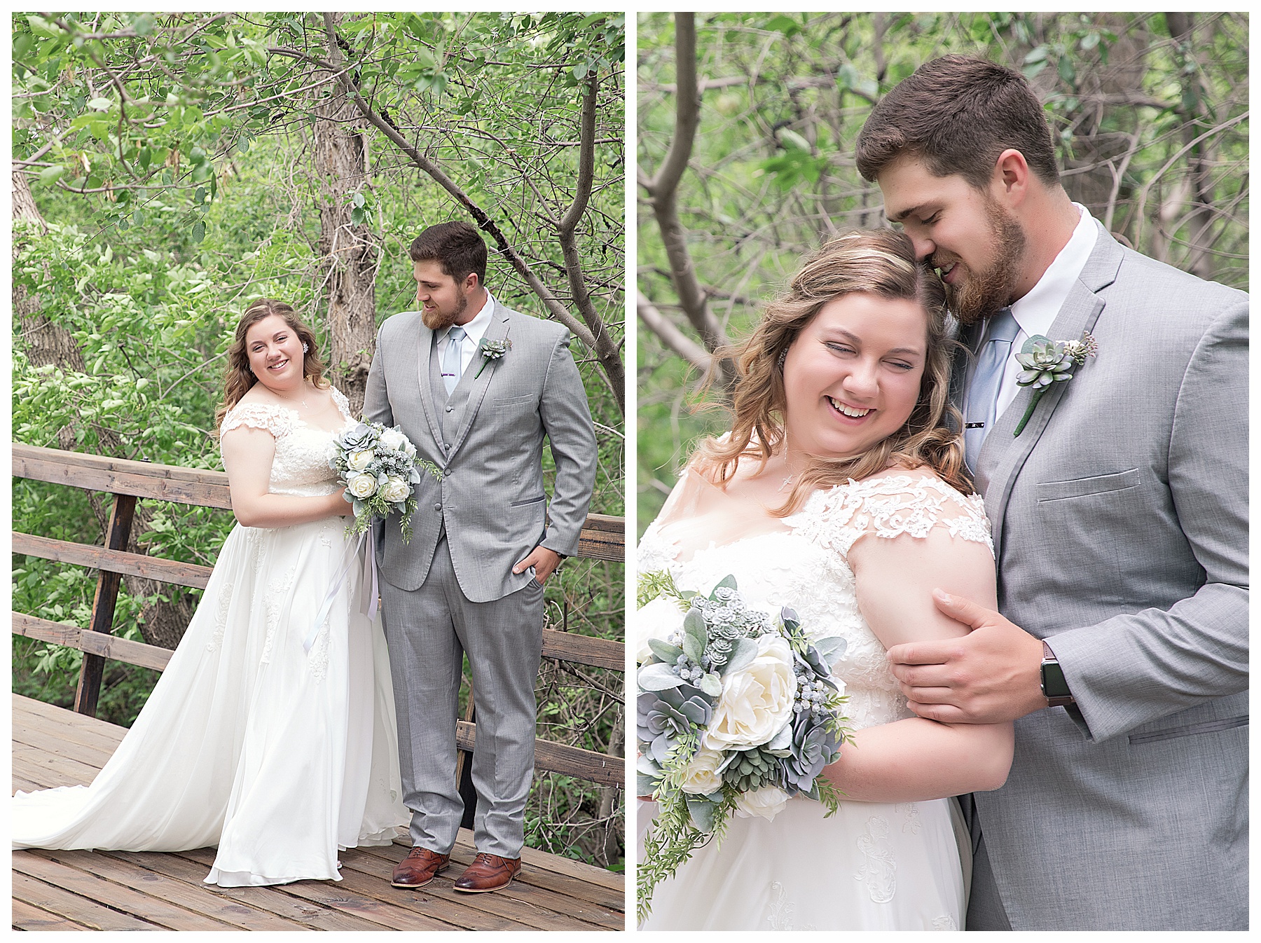 Bride and groom laugh together on a bride. Special Hazen Wedding