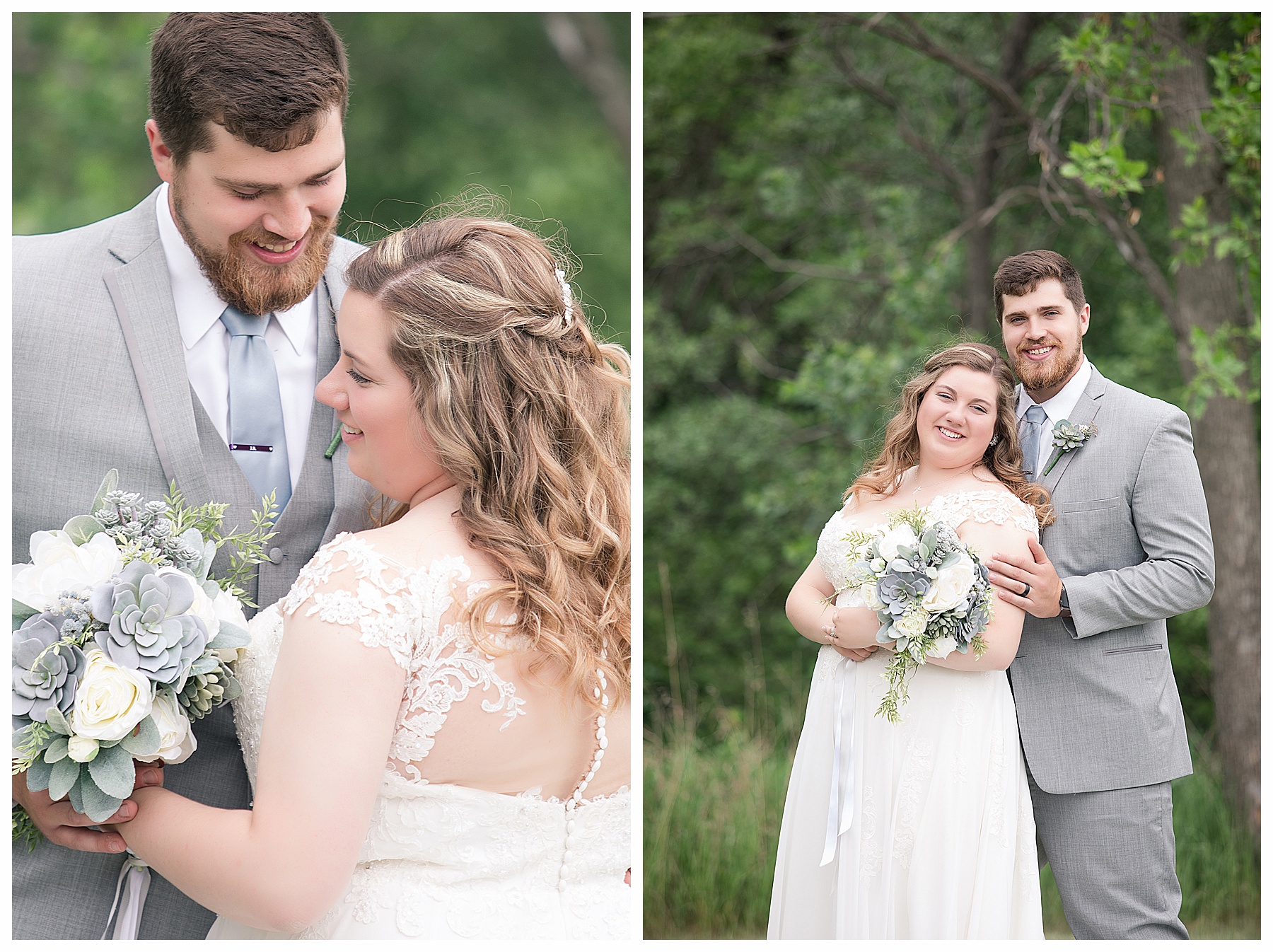 close up of groom looking at bride holding blue and green succulent bouquet