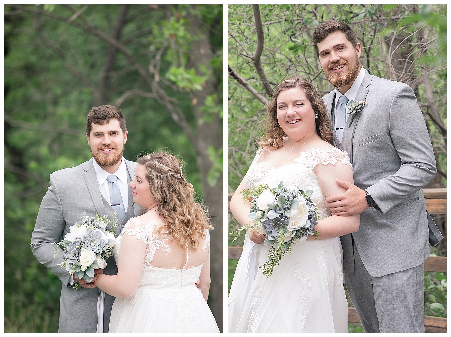 groom and bride with succulent bouquet