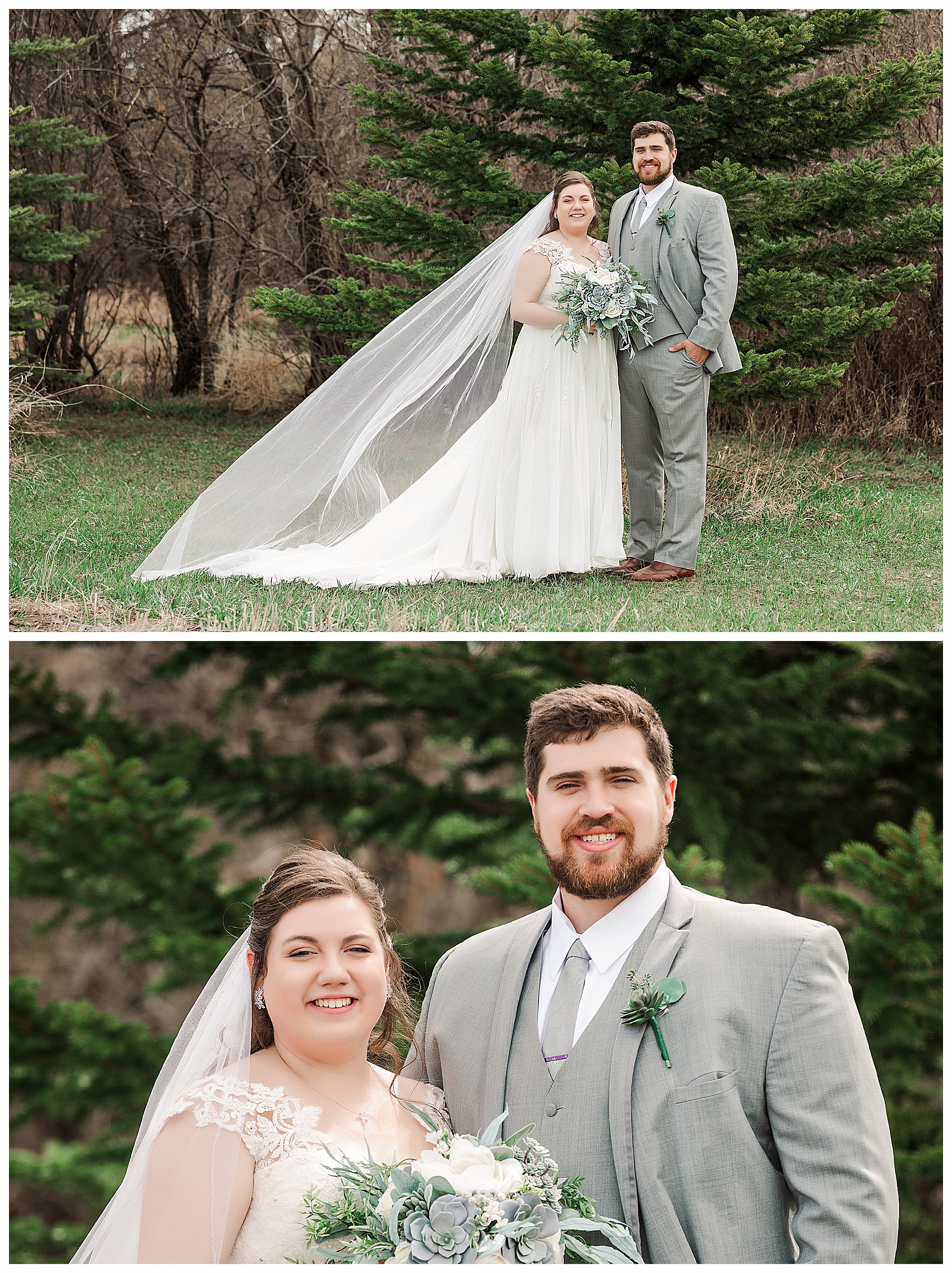 bride and groom in grey suit with succulent bouquet