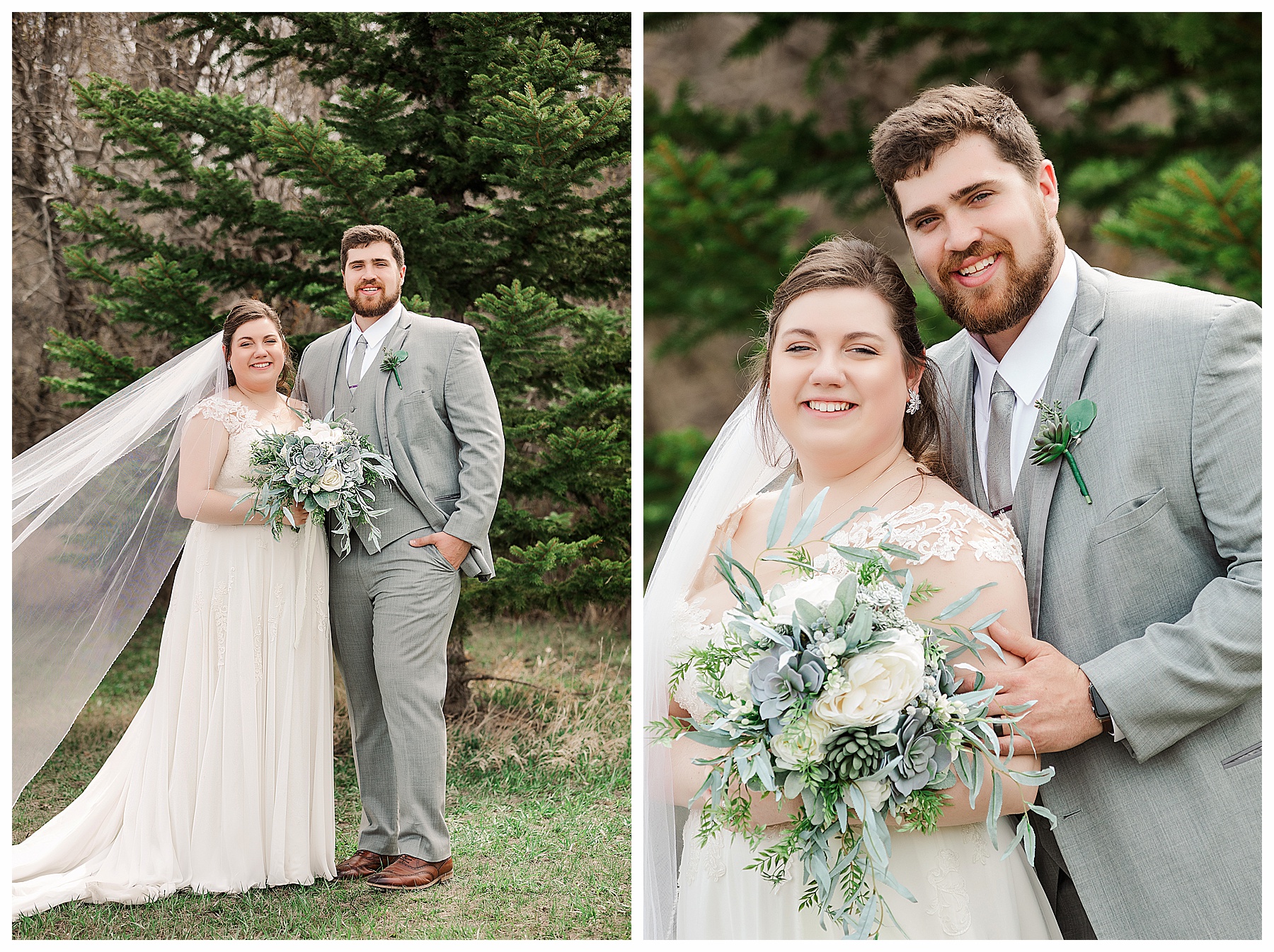 Bride and groom in front of evergreen trees