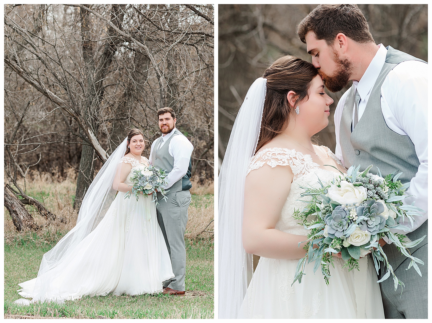 groom in grey suit kisses bride on forehead