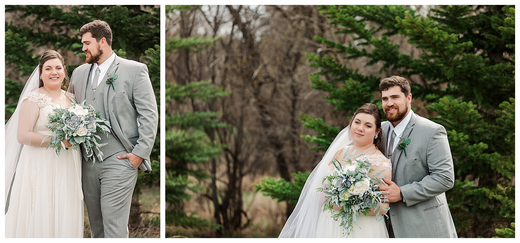 bride and groom in grey suit with succulent bouquet