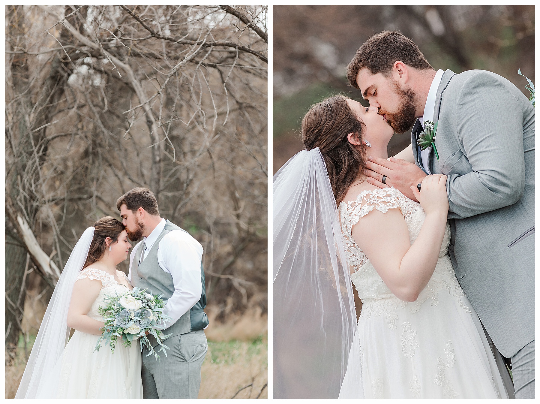 bride and groom in blue and grey kiss in front of bare branches. Special Hazen Wedding