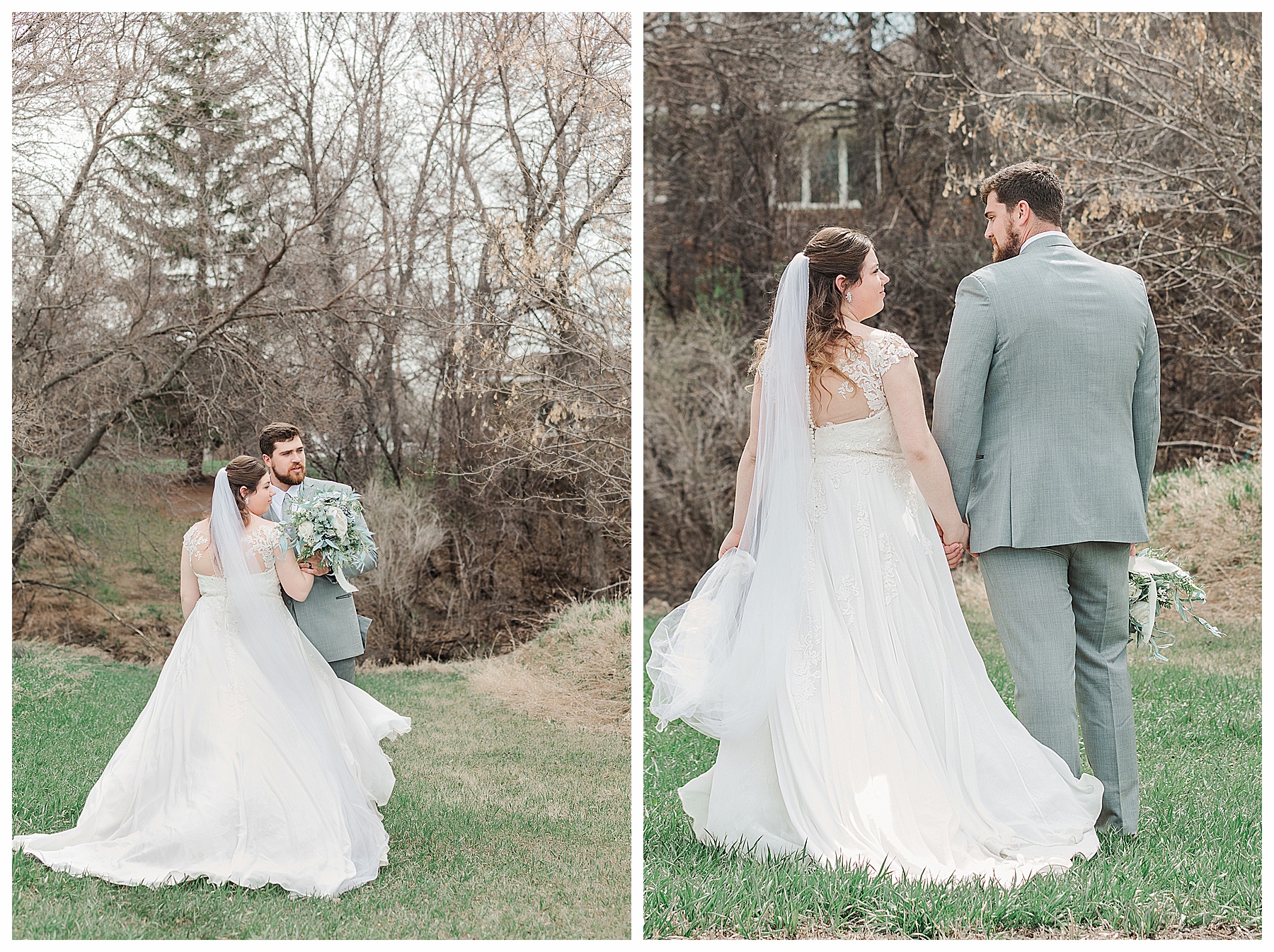 bride in cathedral veil and groom walk away and look over shoulders
