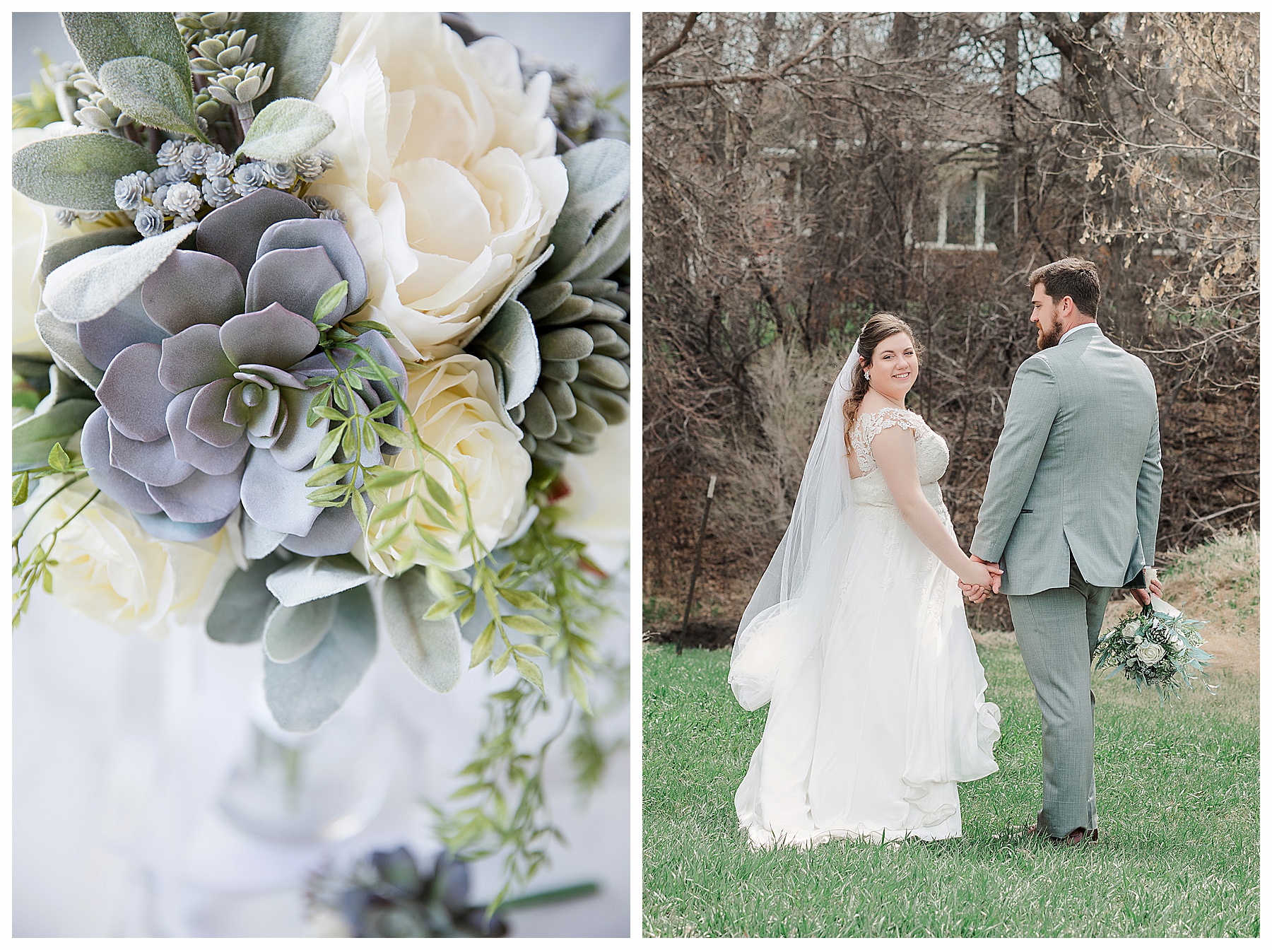 Groom holds succulent bridal bouquet while bride holds her gown