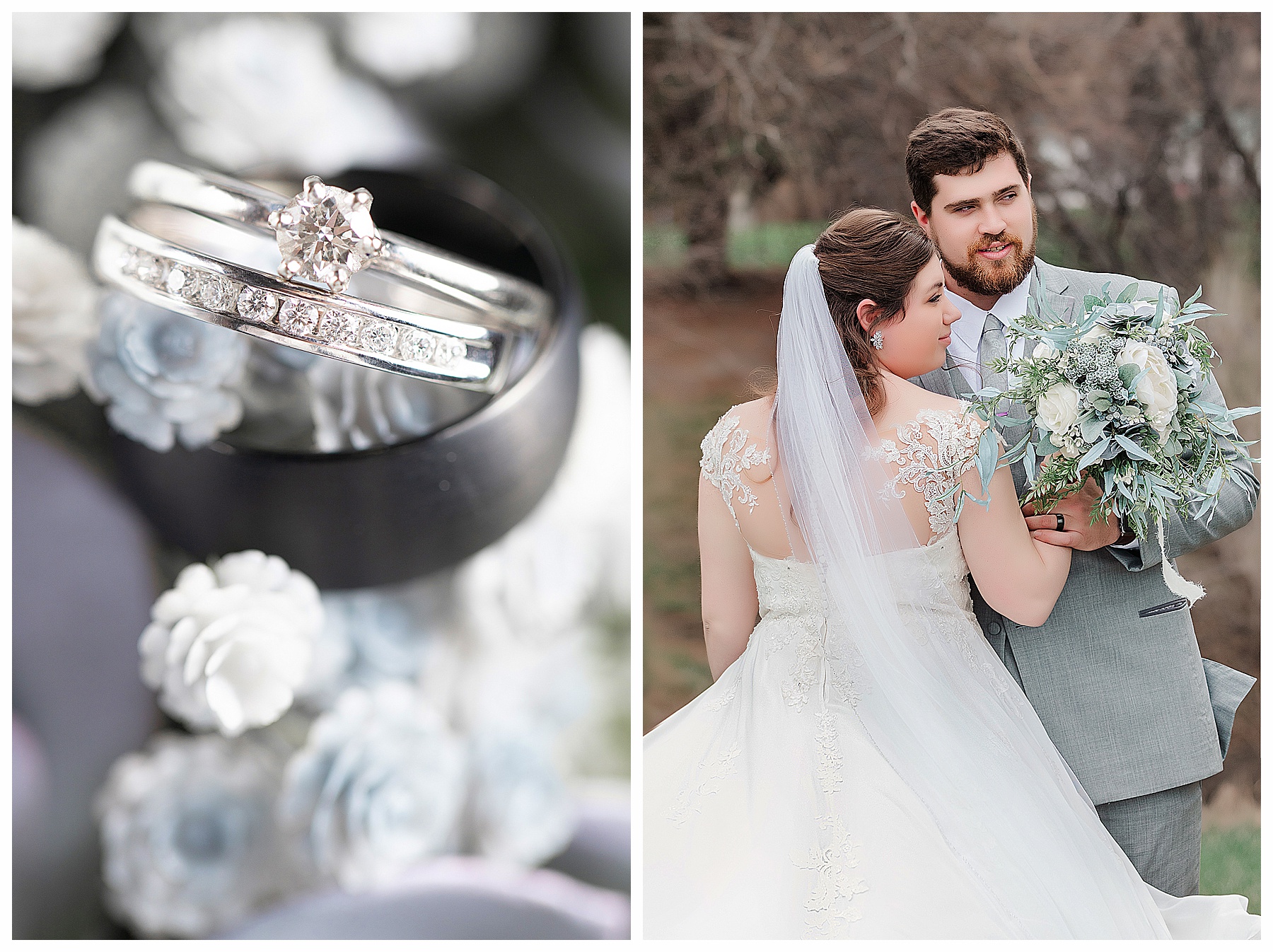 close up of wedding rings on small blue and grey succulents