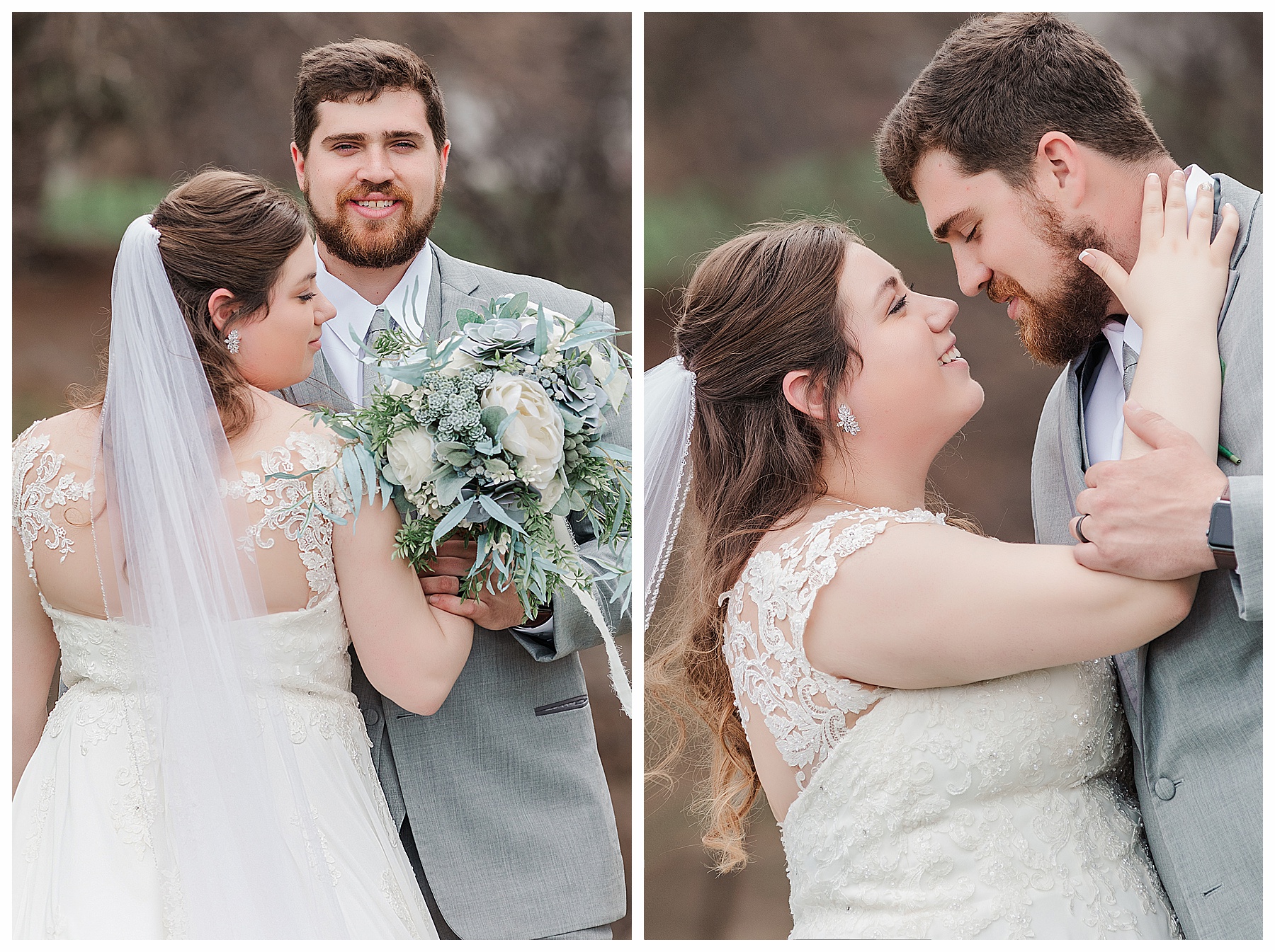 Close up of bride and groom looking at one another