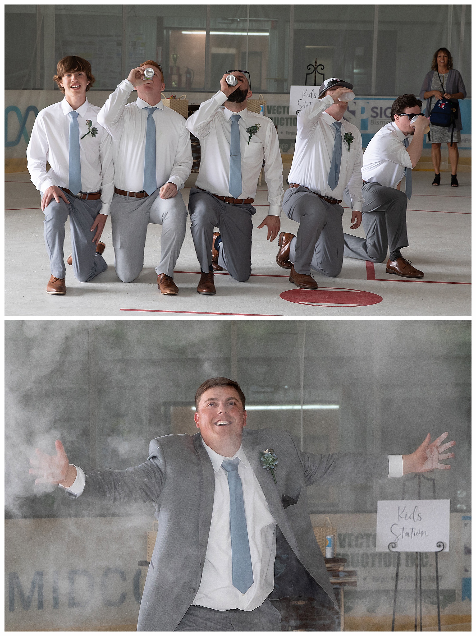 groomsmen throw baby powder during grand march