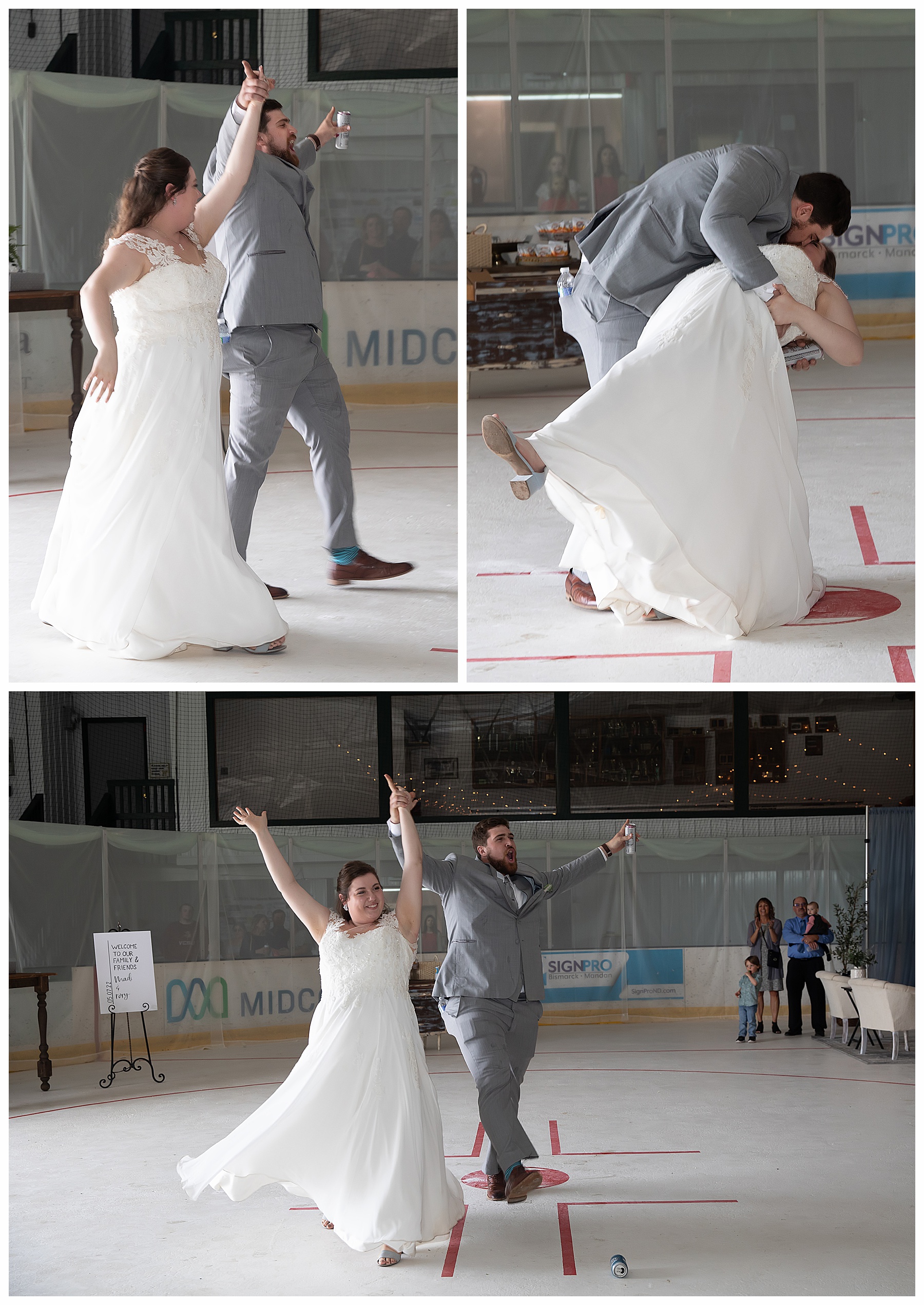 groom dips bride for a kiss during grand march