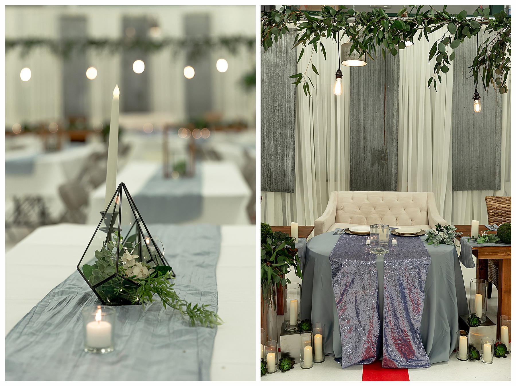 dusty blue wedding reception decor in a hockey arena