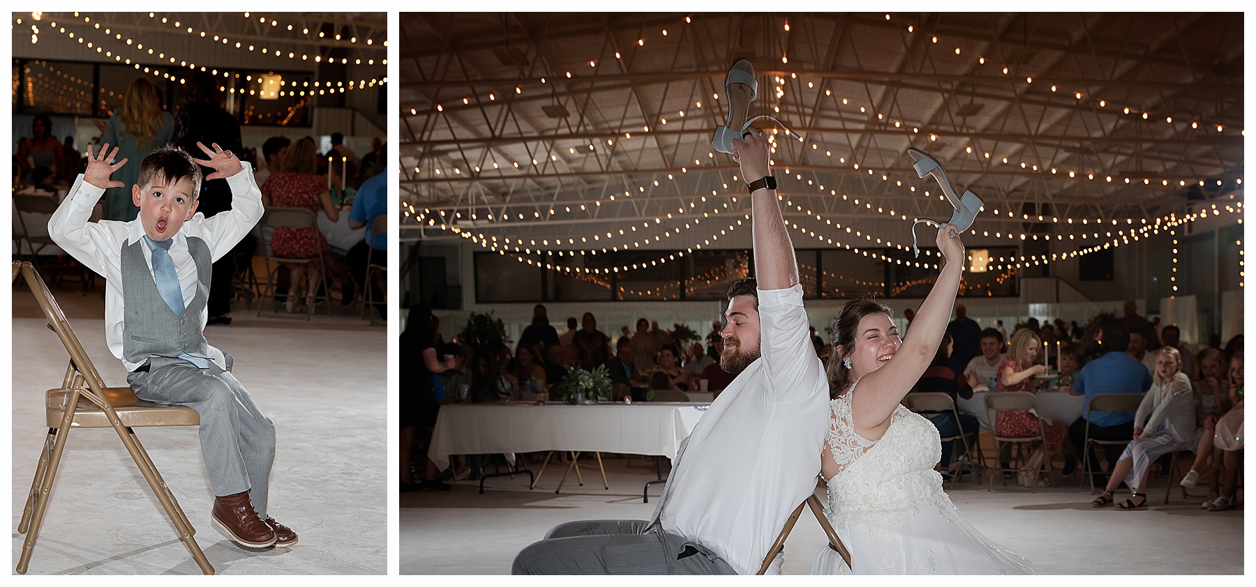 bride and groom play the shoe game during wedding reception. Special Hazen Wedding
