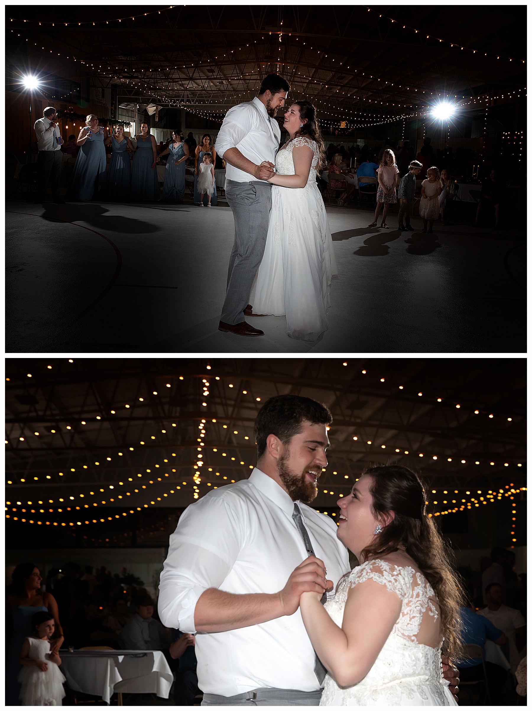 bride and grooms first dance during wedding reception in a hockey arena