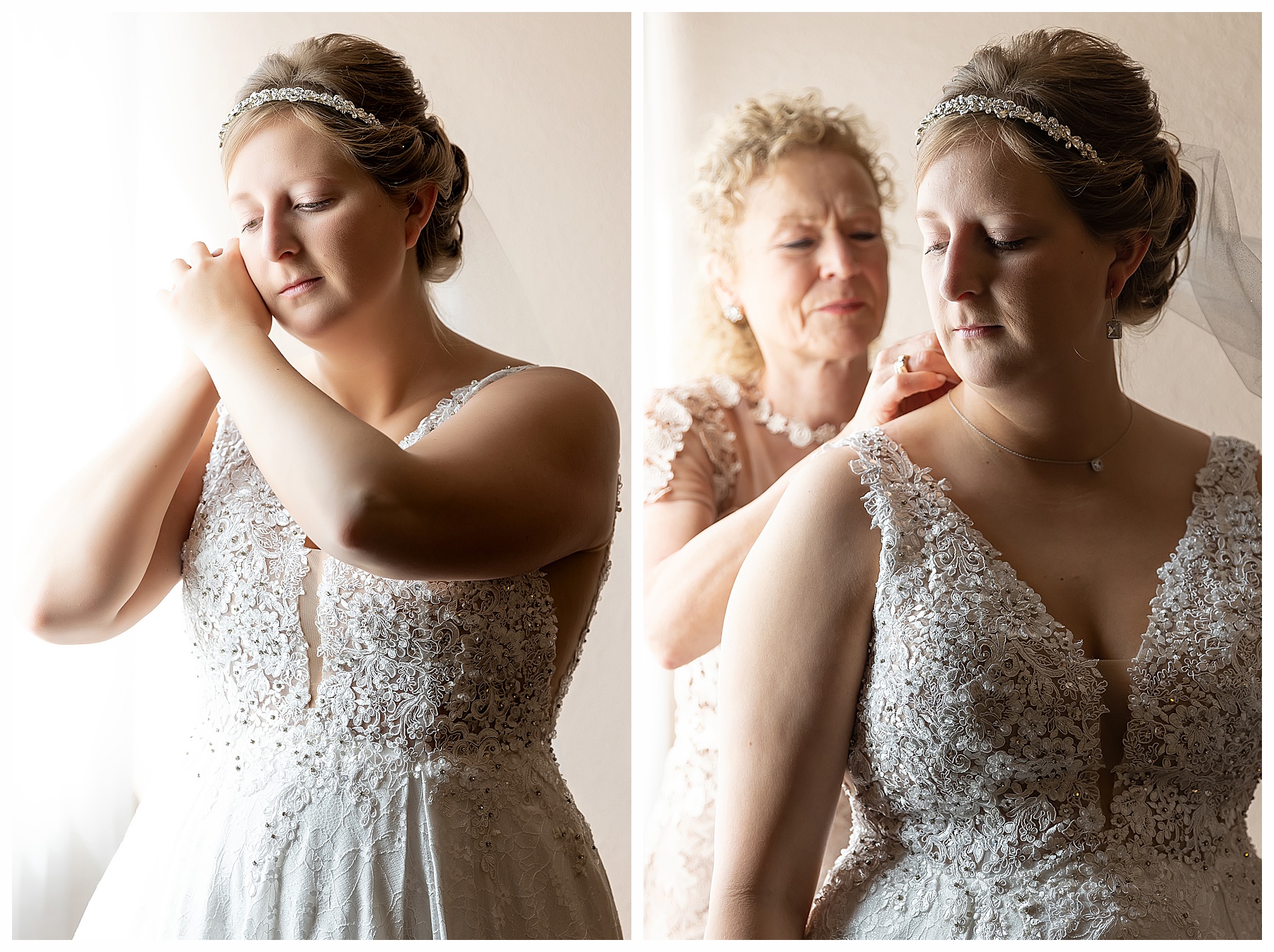 bride with mother getting into gown Bismarck country wedding
