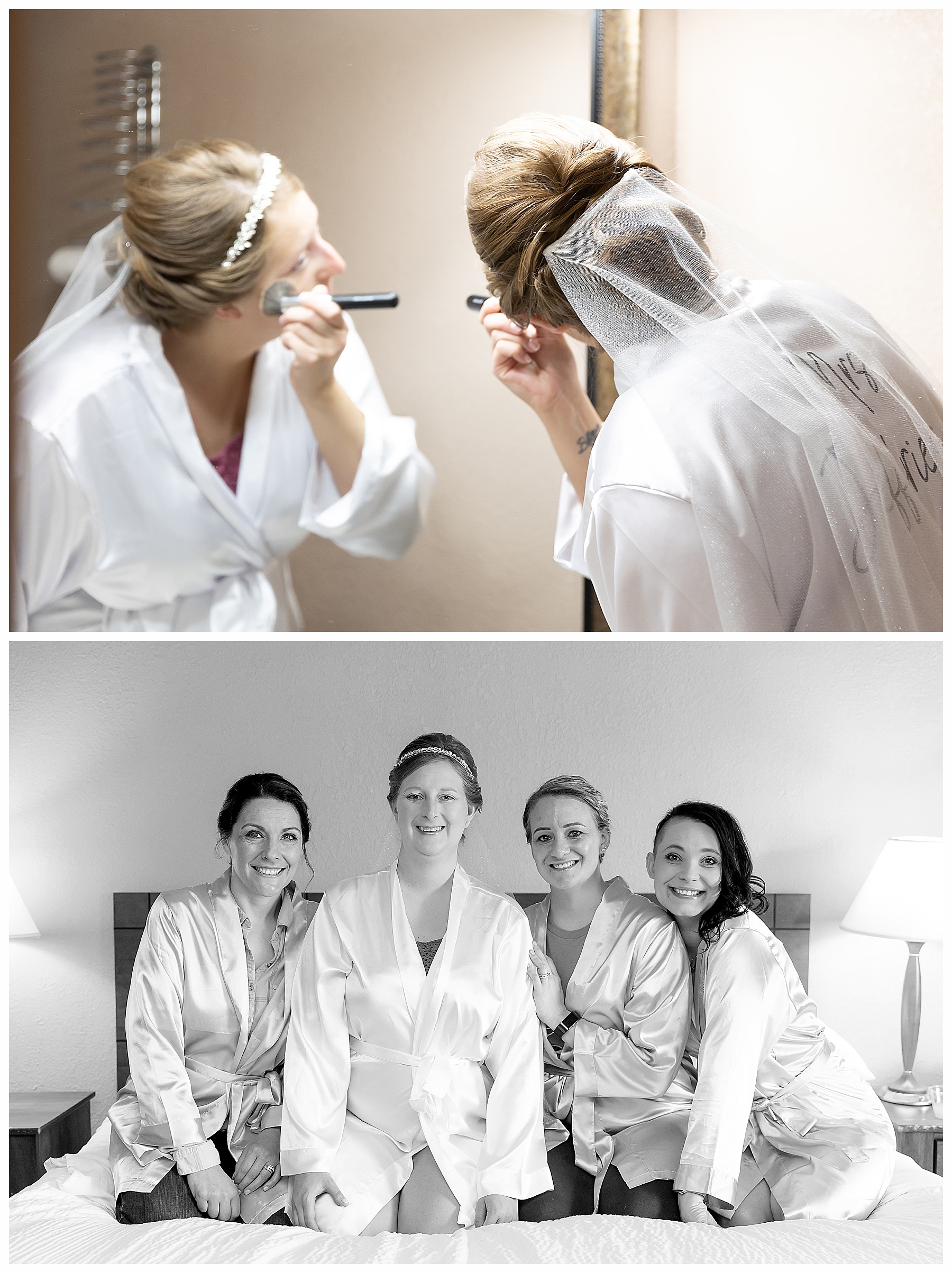 Bride putting on makeup and bridesmaids with bride in robes black and white
