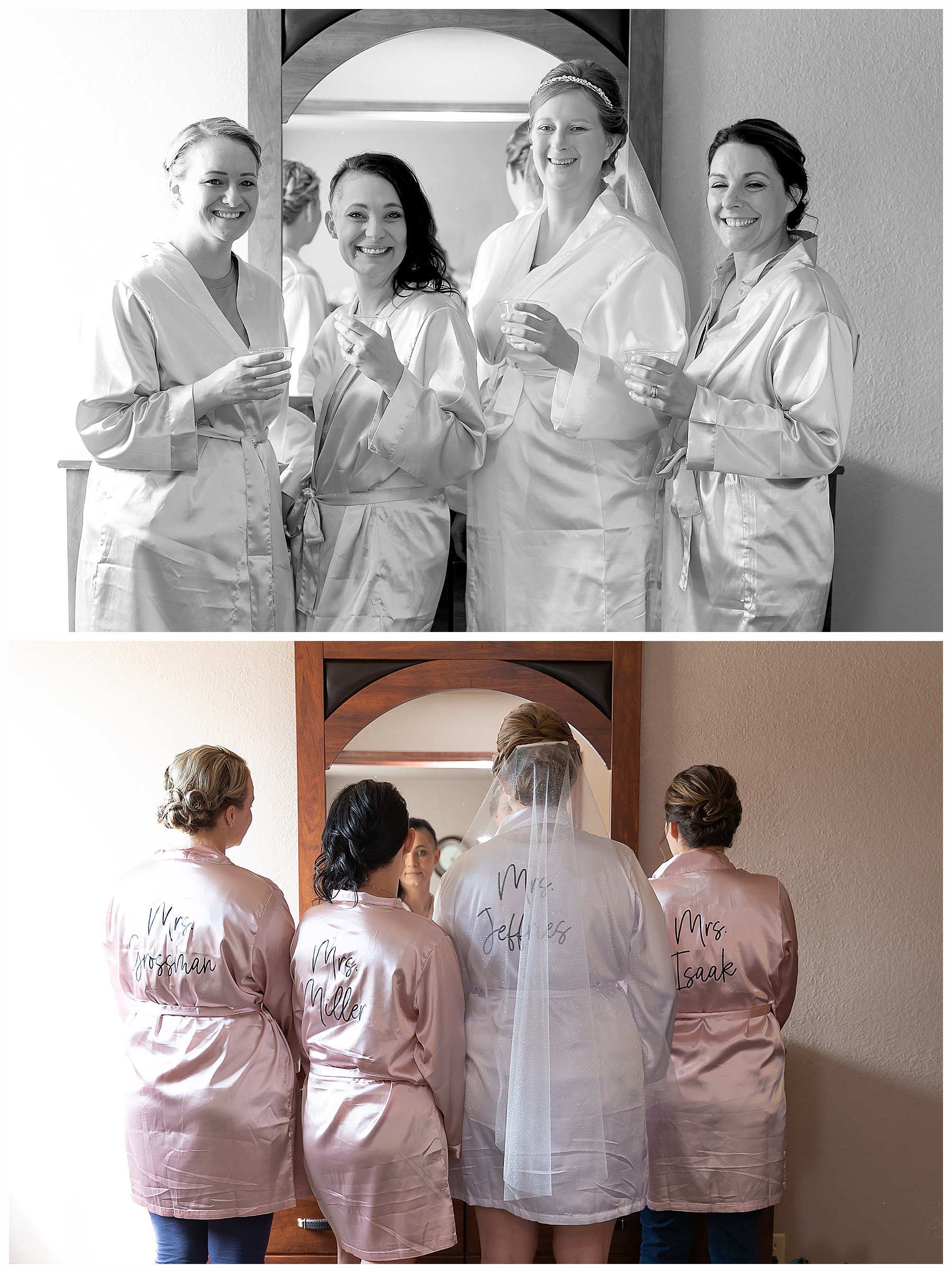 Bride and brides maids in robes Bismarck country wedding
