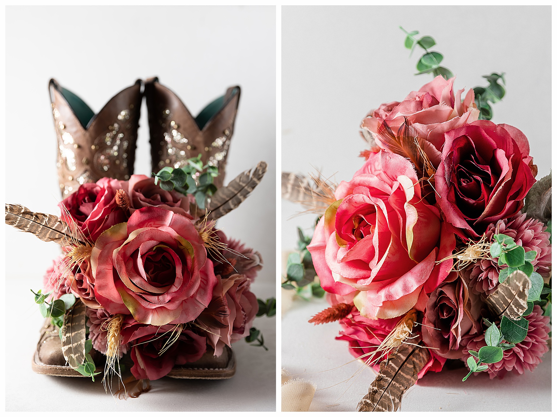 Brides cowboy boots with bouquet in roses and eucalyptus Bismarck country wedding
