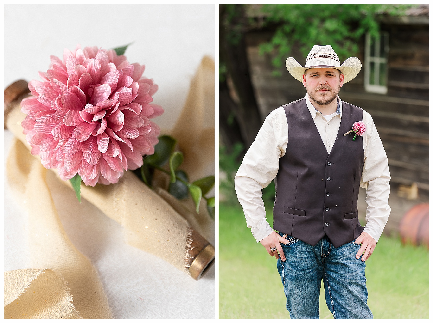 Broom portrait with closeup of boutineer  Bismarck country wedding