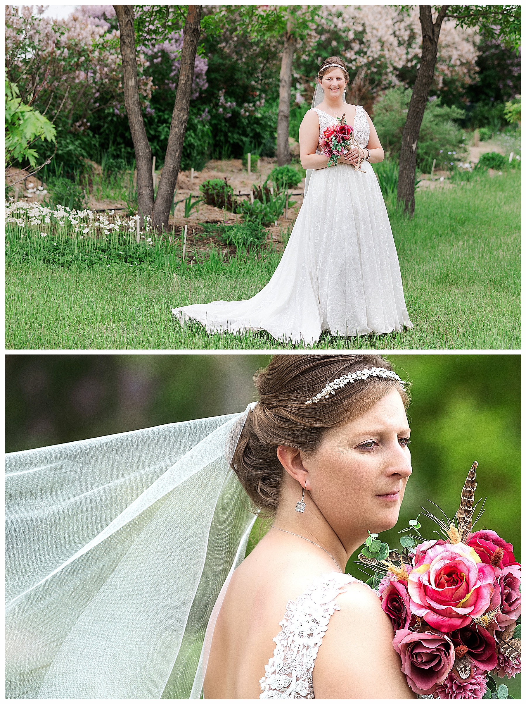 bride portrait with lilacs in background and pheasant feather in bouquet
