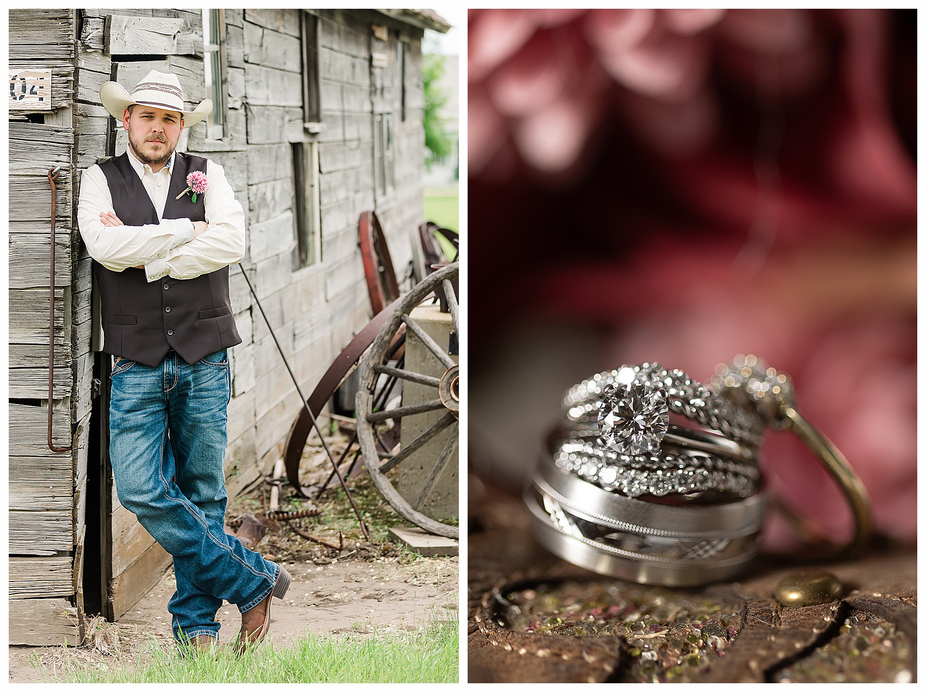 Groom portrait in cowboy hat and rustic background
