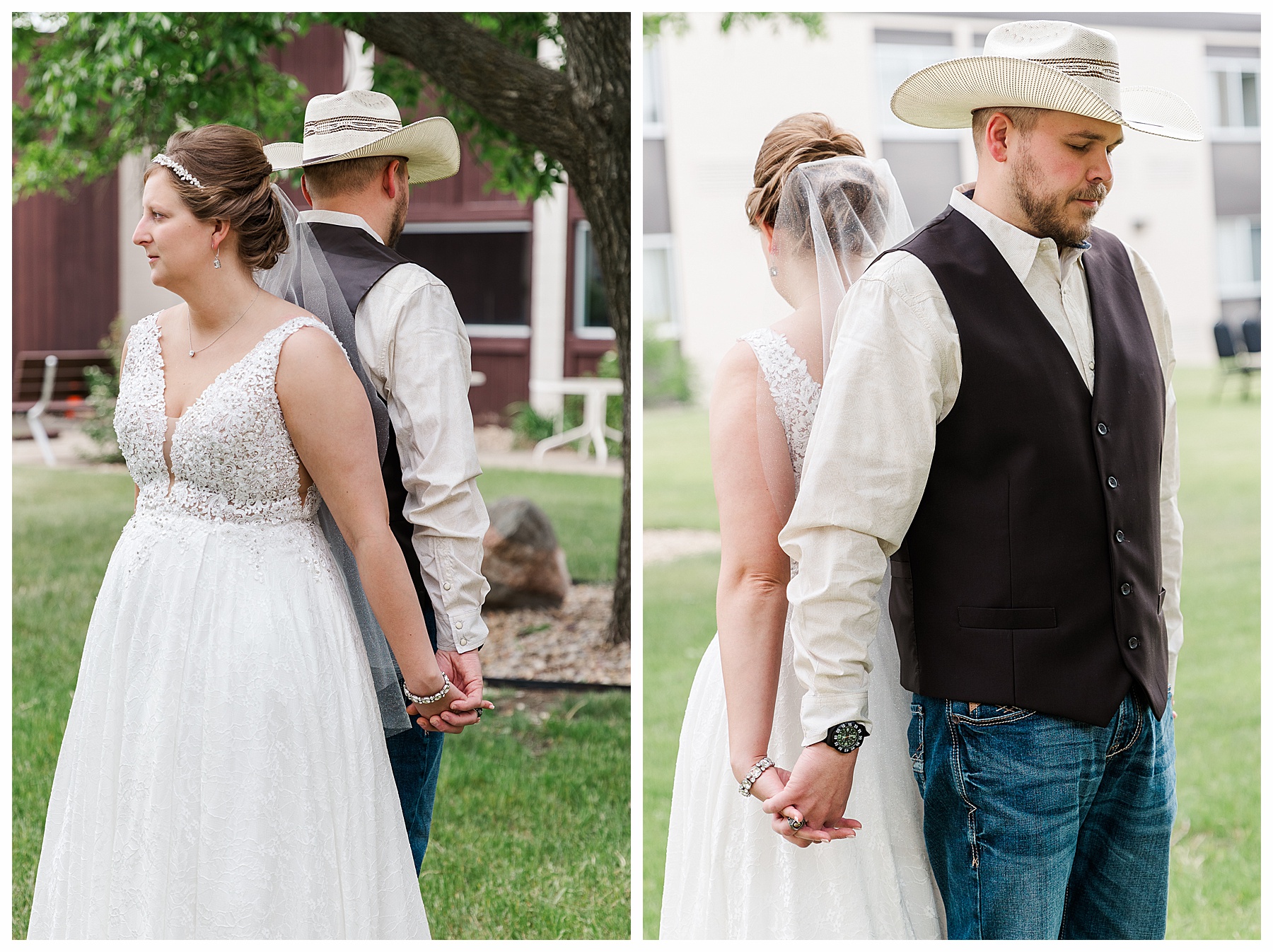 Bride and groom hold hands back back to back before ceremony
