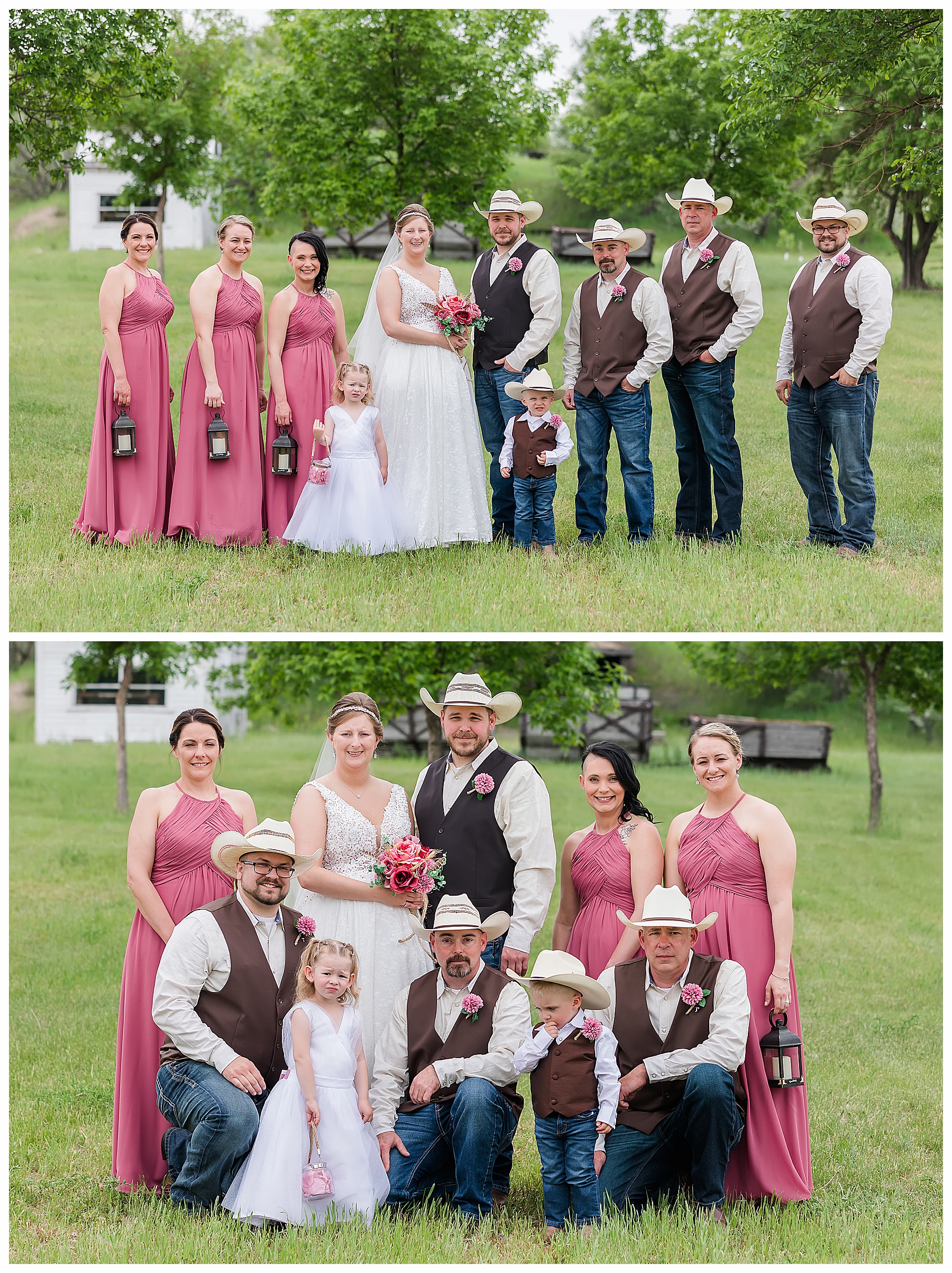 Wedding party wearing pick and brown Bismarck wedding
