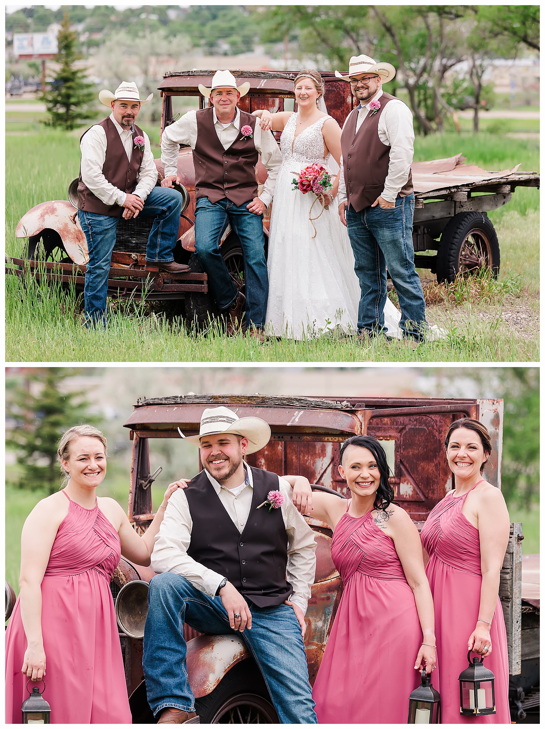 Bride with groomsmen old truck background Bismarck country wedding
