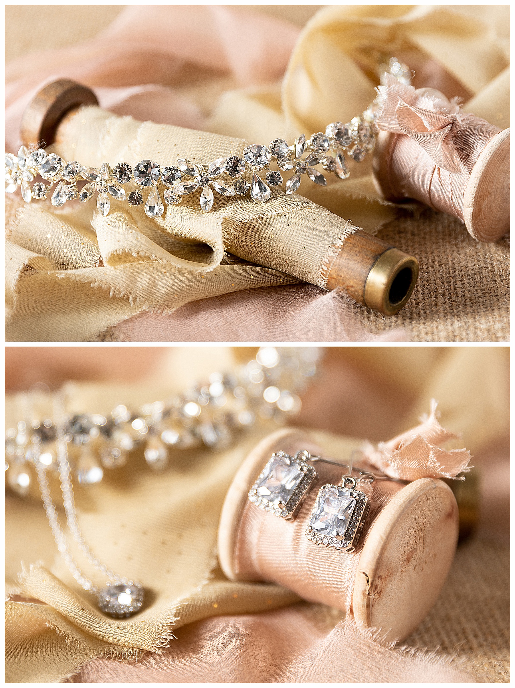 Detail photos of bridal headband, earring and necklace
