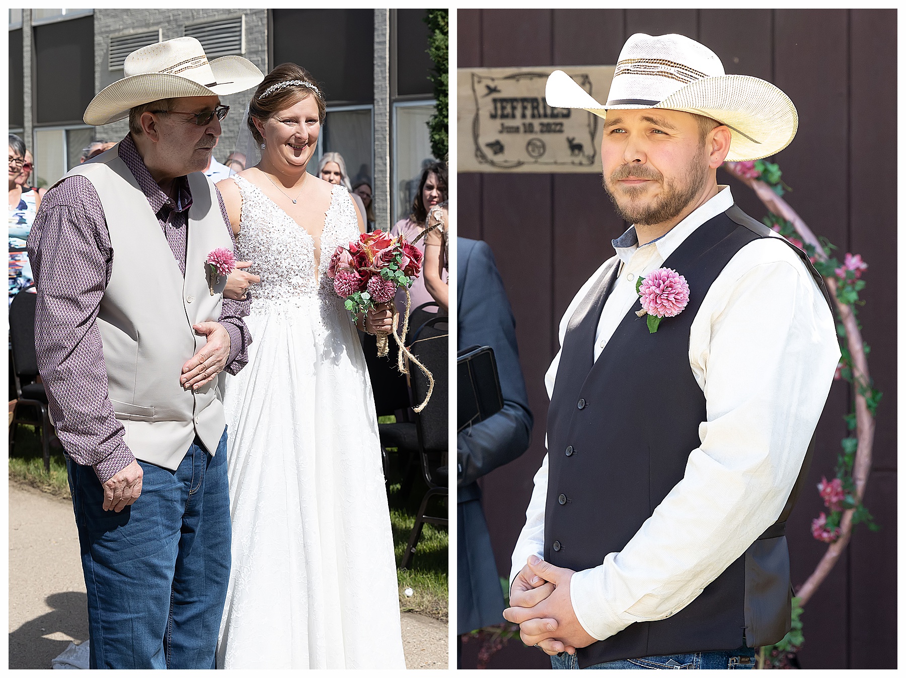 groom watches bride escorted by father down the aisle
