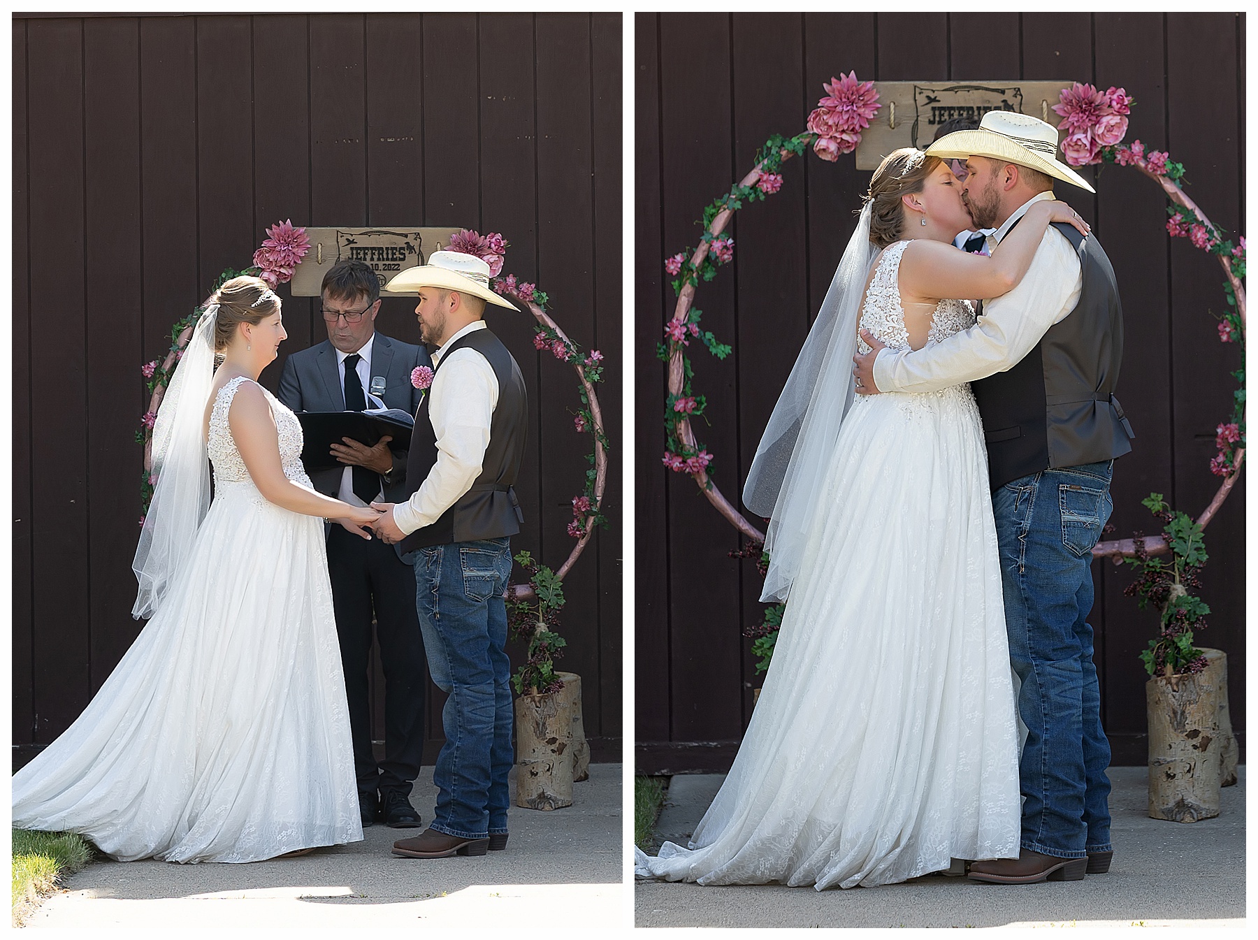 bride and groom kiss during outdoor wedding ceremony Bismarck ND