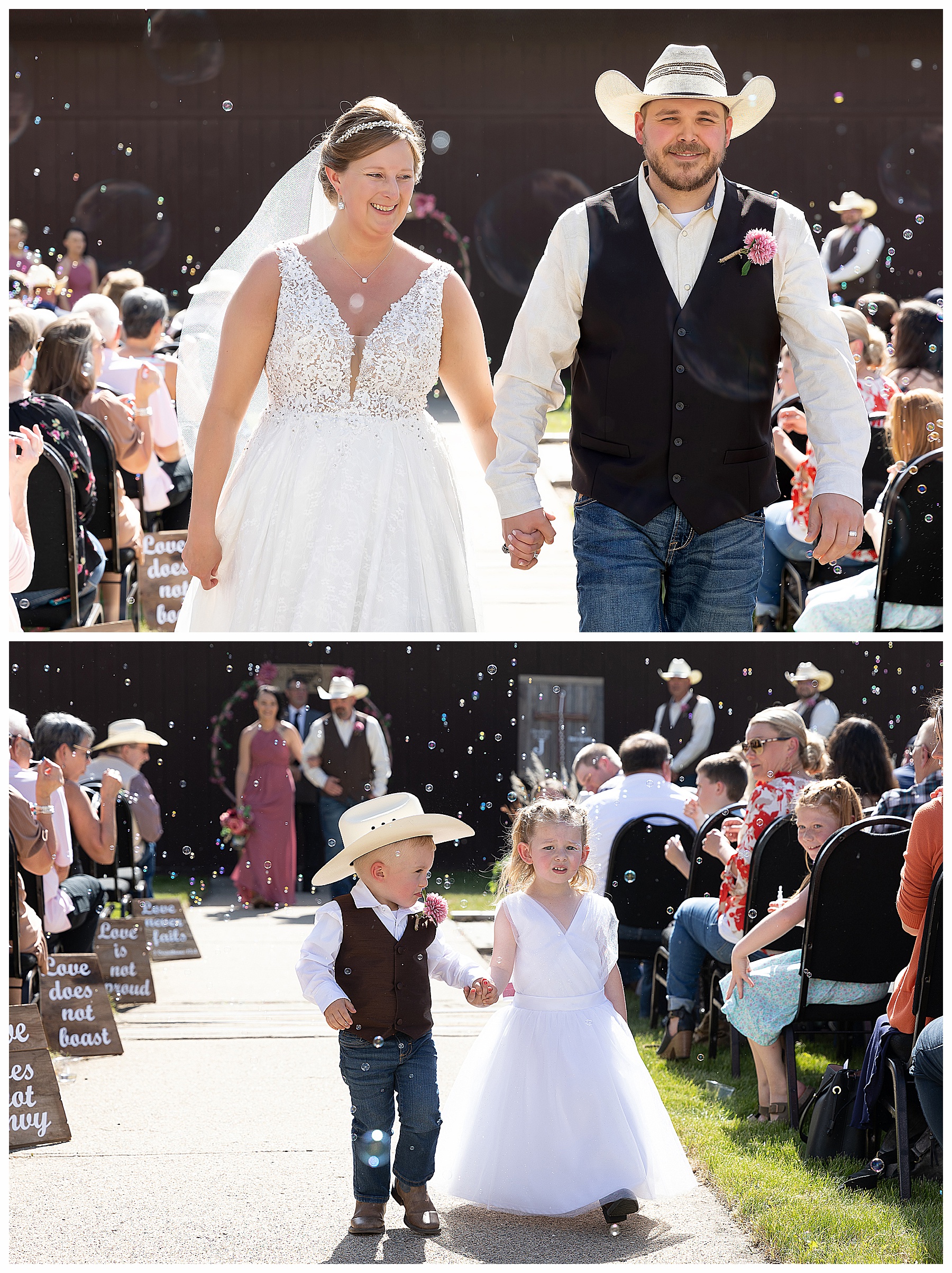 bride groom with bubbles at Bismarck country wedding