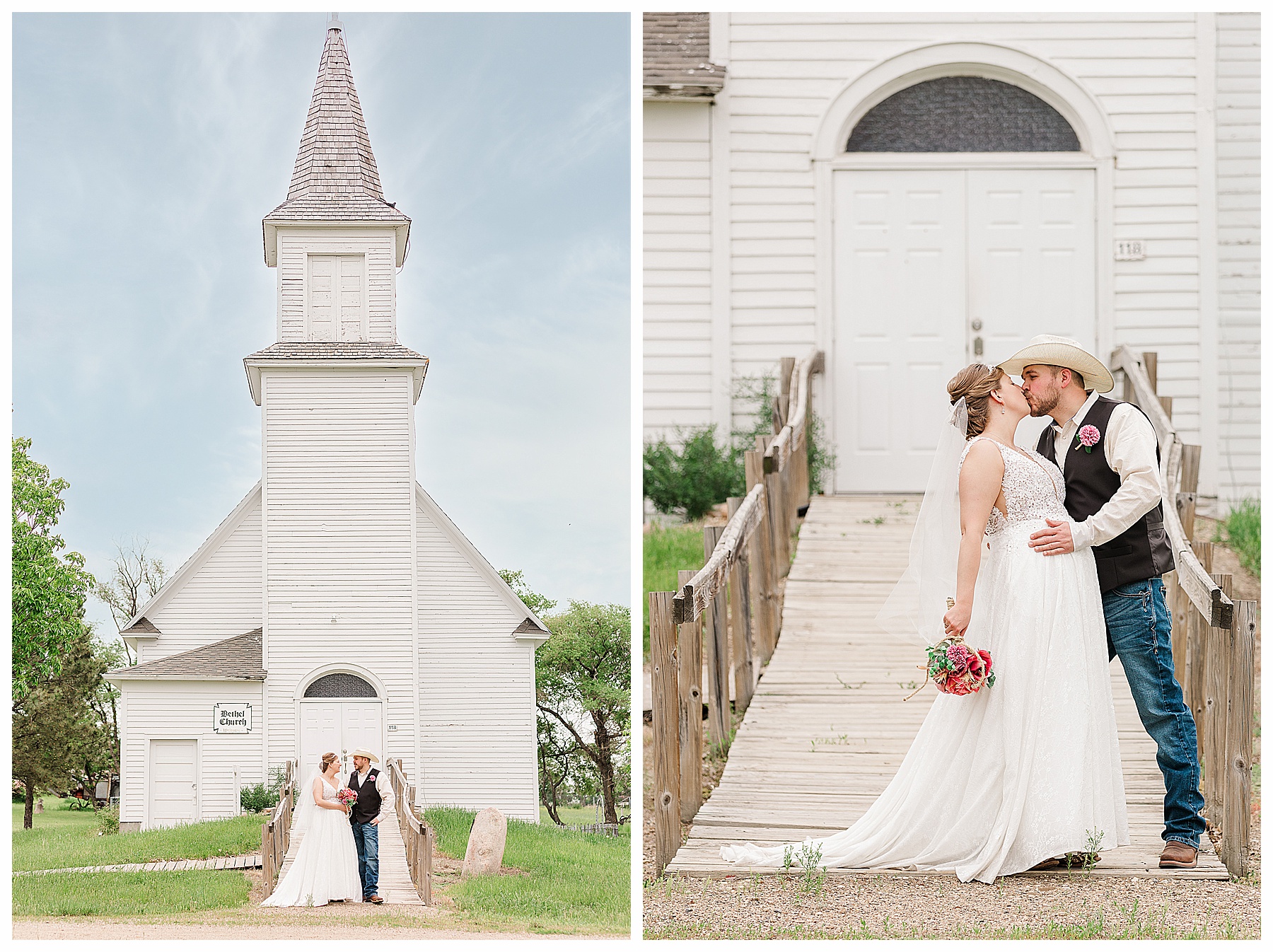 bride and groom in front of old prairie church North Dakota
Bismarck country wedding