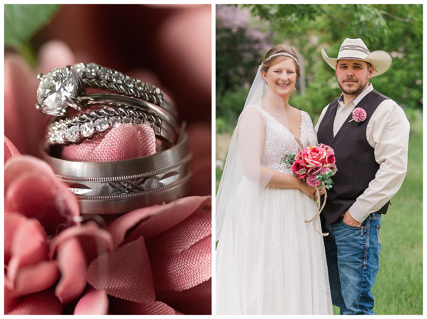 groom and bride with pink bouquet and close up of rings
