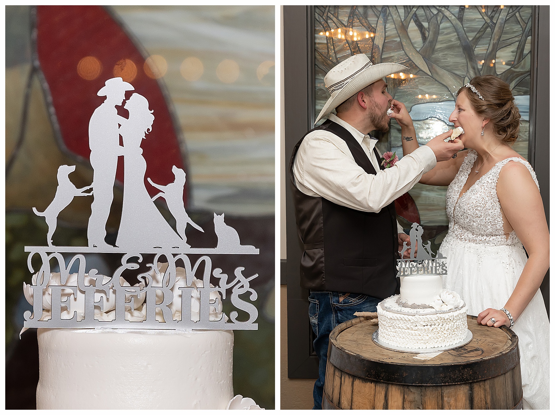 Bride and groom feed each other cake
