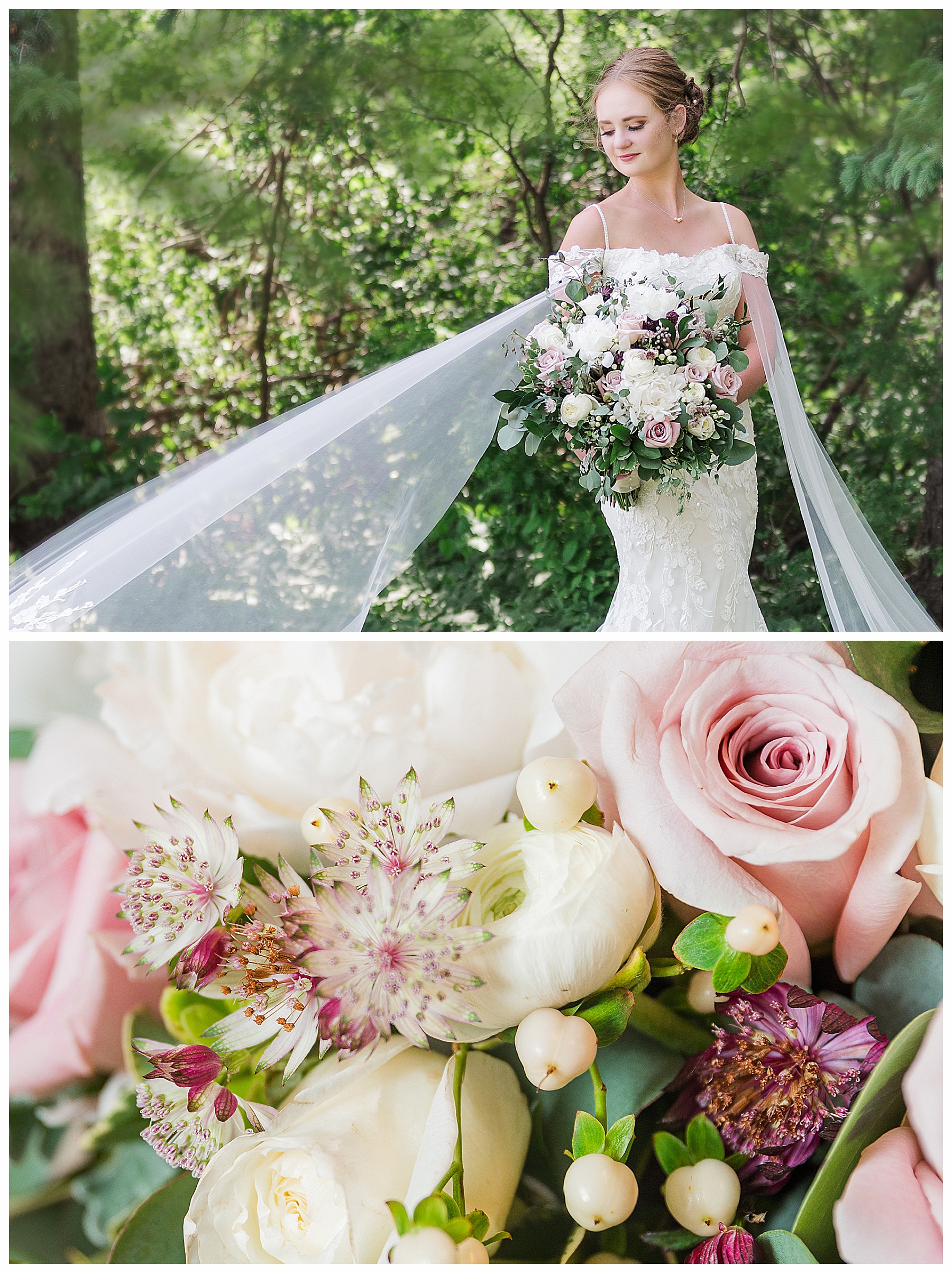 Bride waring gown with veil sleeves.  Wonderful windy summer wedding in Bismarck wedding photographer