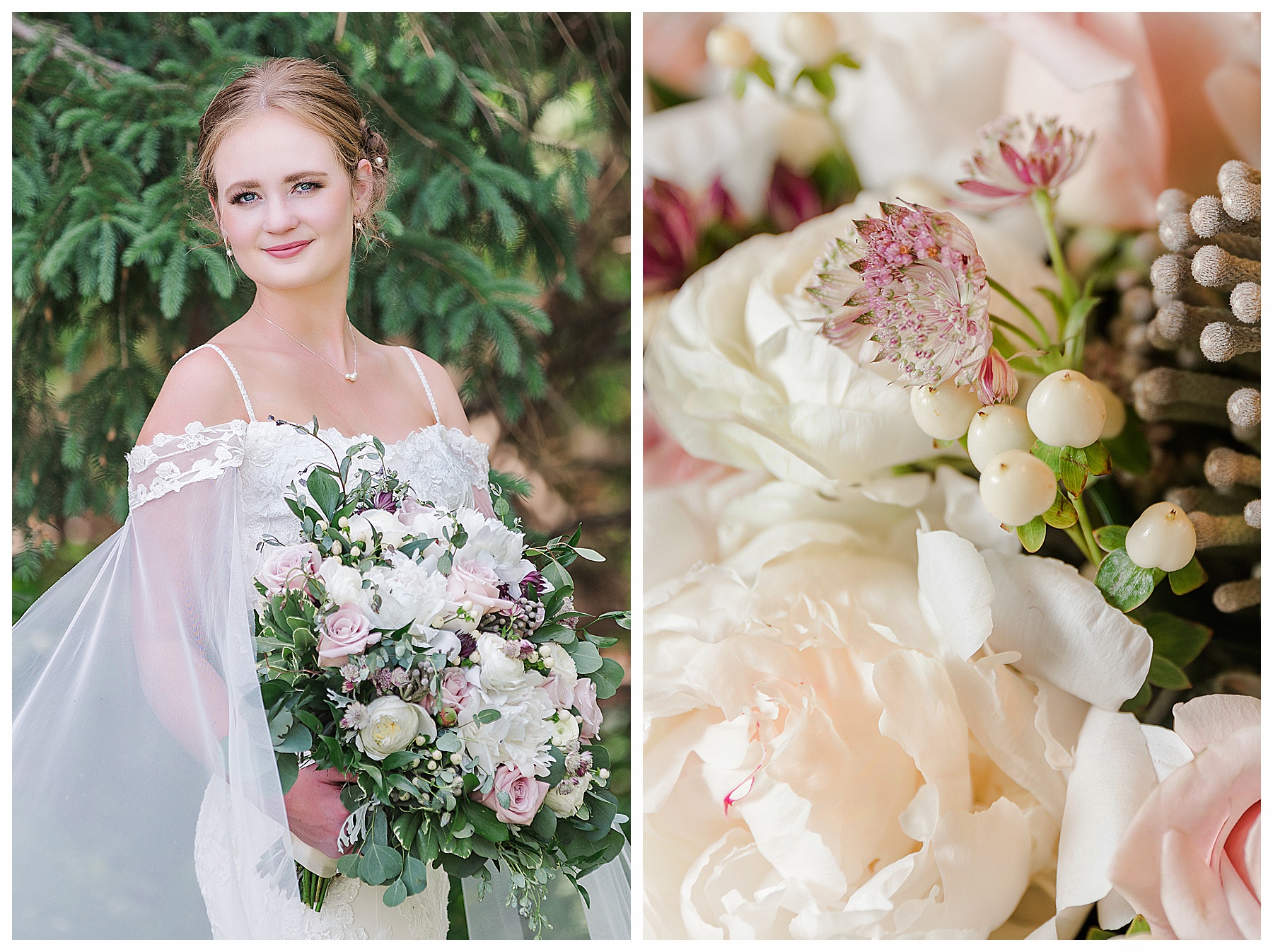 Bride with off the shoulder gown and soft pink bouquet.  windy summer Wedding photos in Bismarck ND