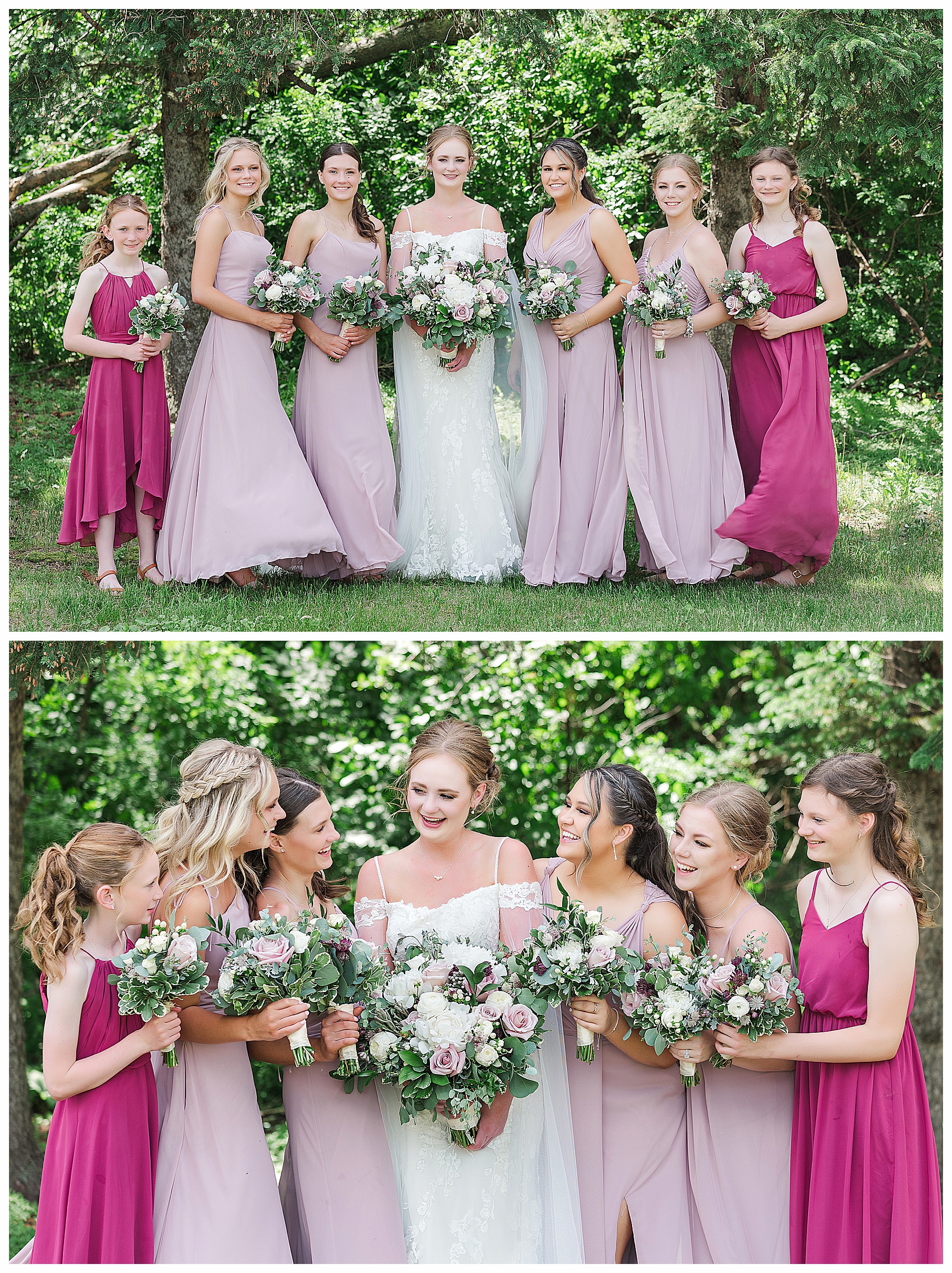 Bride and brides maids wearing shades of pink. Wonderful windy summer wedding in Bismarck ND
