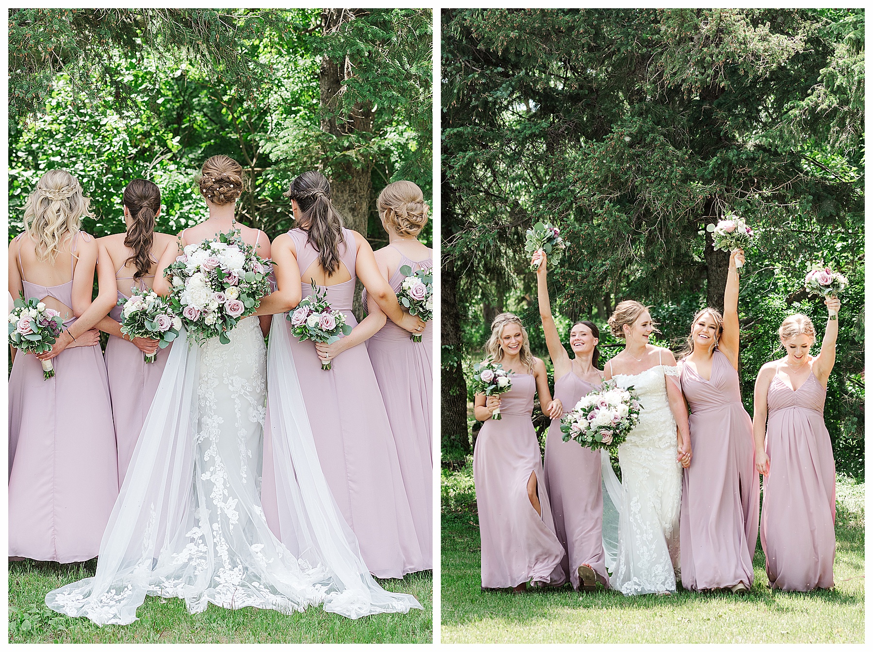 Bride and b rides maids from the back with pink and cream bouquets.  Windy wedding in Bismarck ND