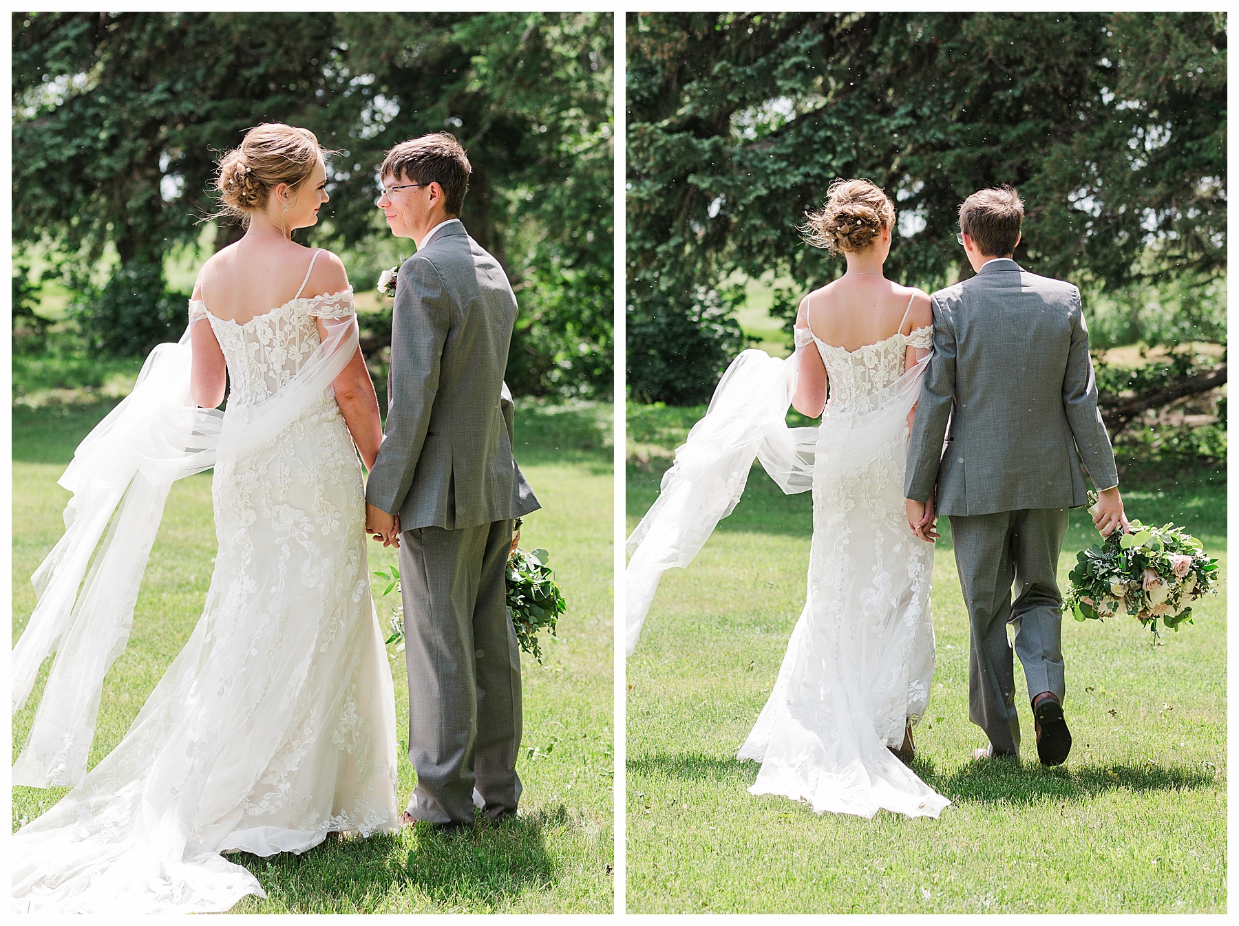 Bride and groom walking away.  Groom holding bouquet for bride.  Wedding photographer in Bismarck ND