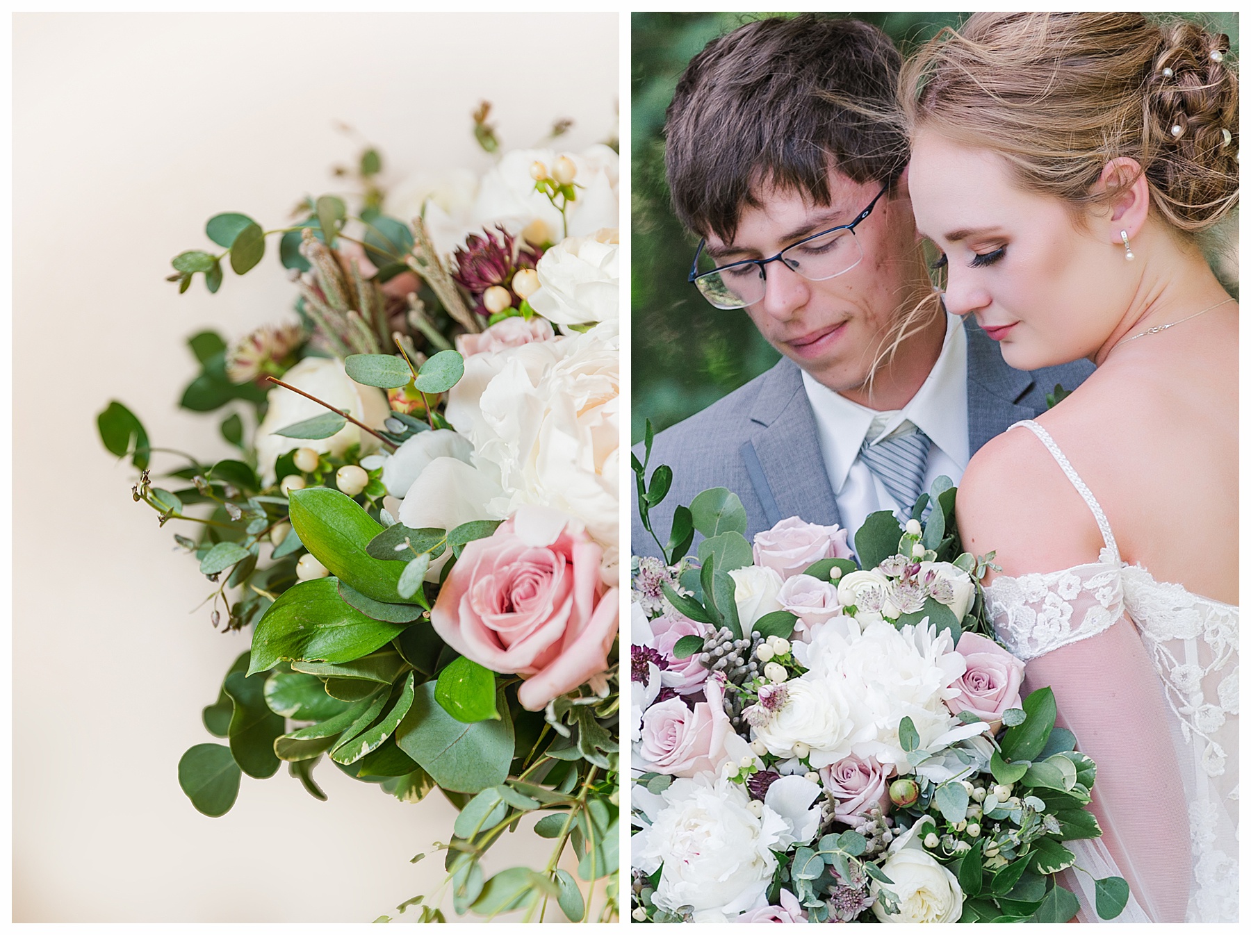 Close up of bride and groom looking at bouquet
Wonderful Windy Wedding