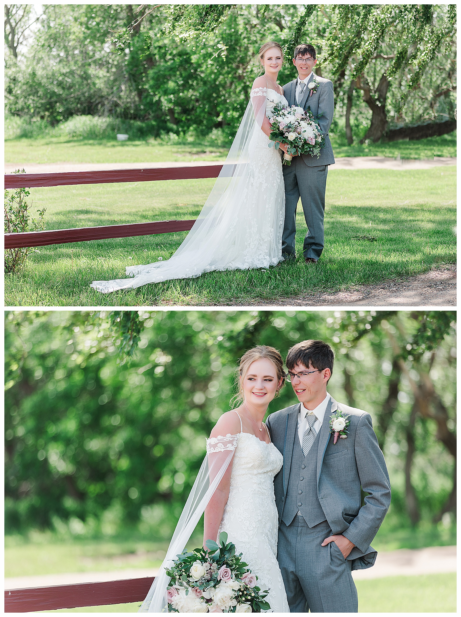 Bride and groom on summer day net to fence.  Wonderful windy wedding