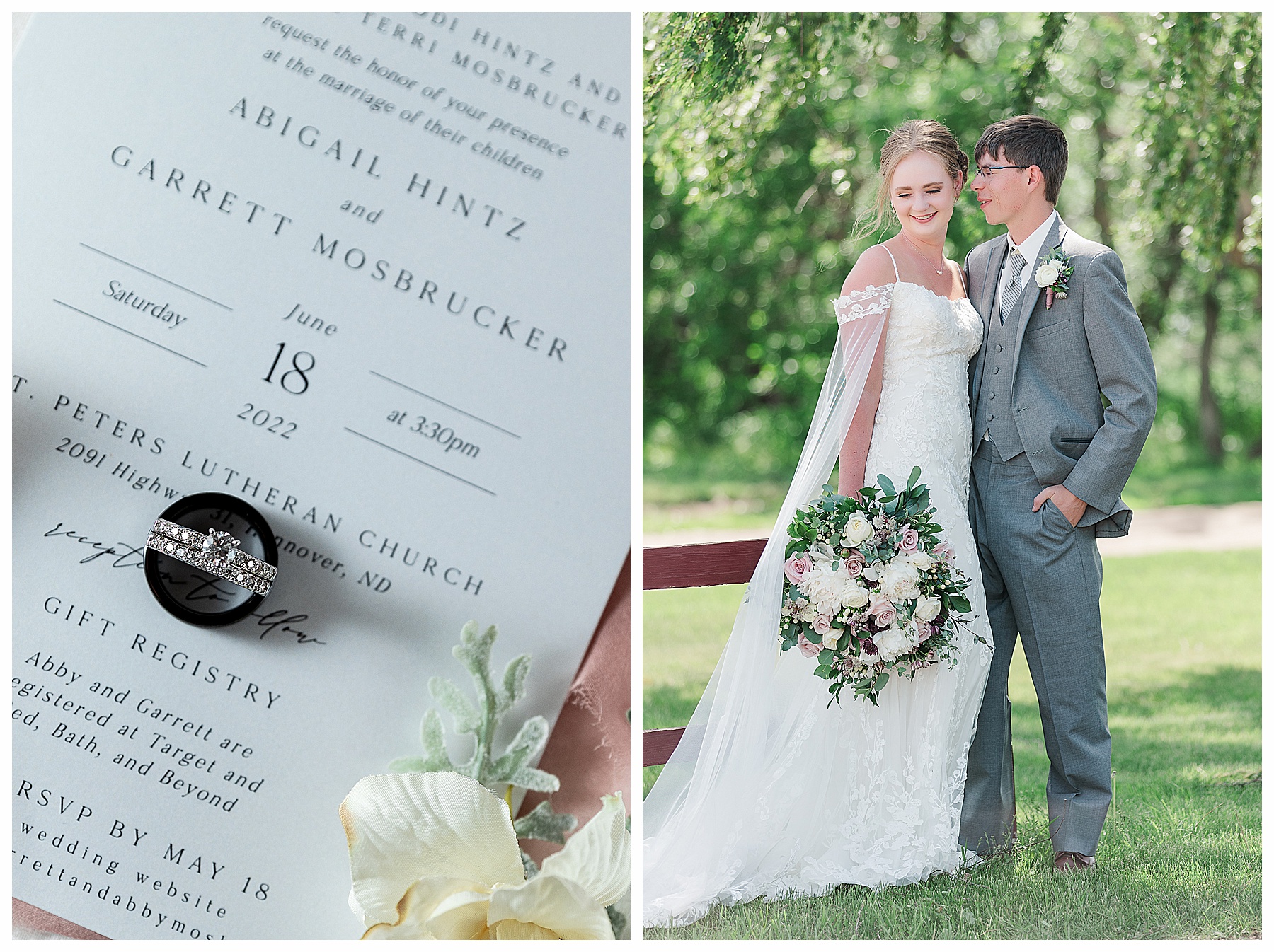 Groom looking at bride holding pink and cream bouquet
