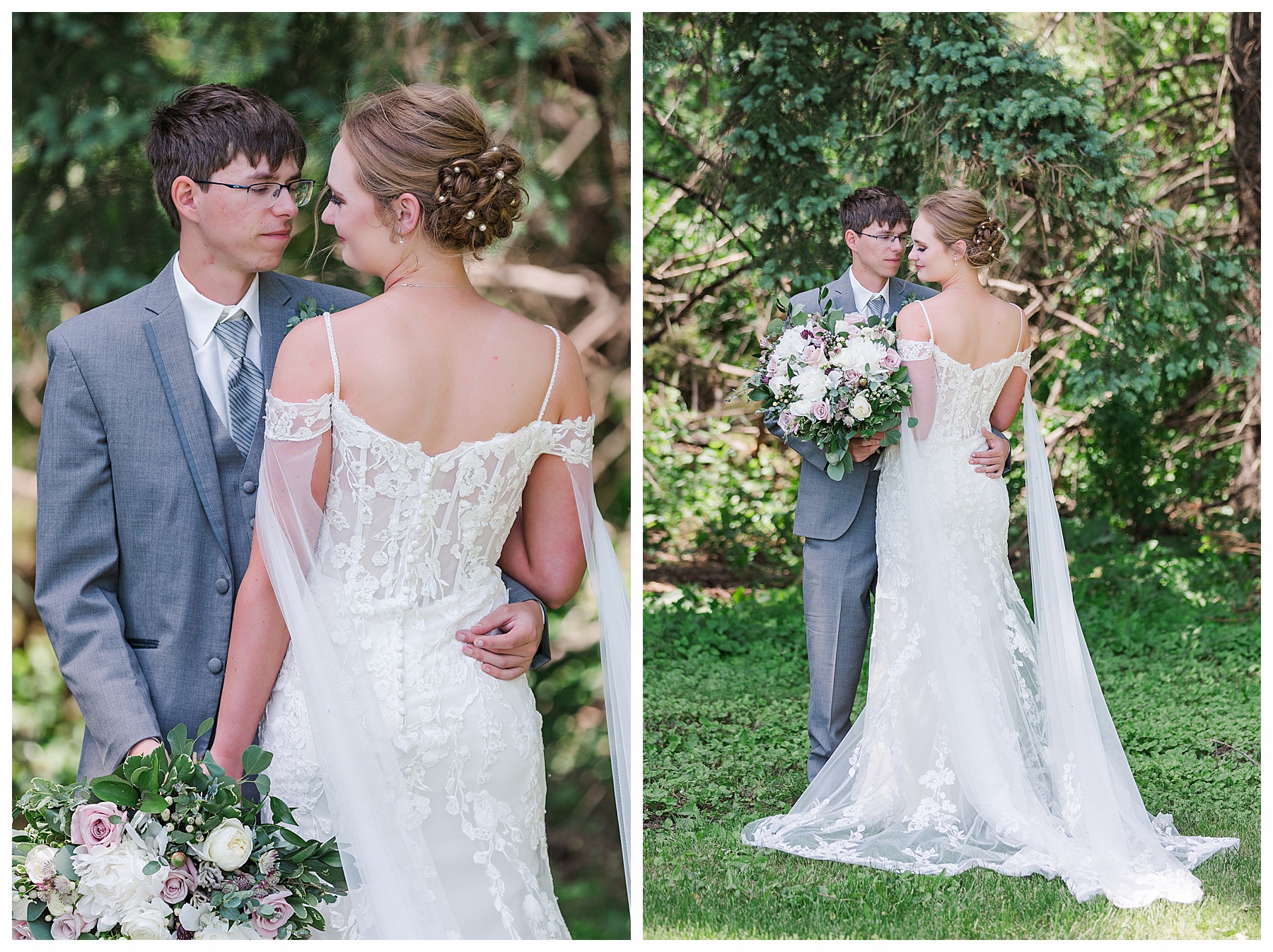 Back of bride with groom looking at her.  Photographer in Bismarck ND.  Wonderful windy summer wedding in North Dakota
