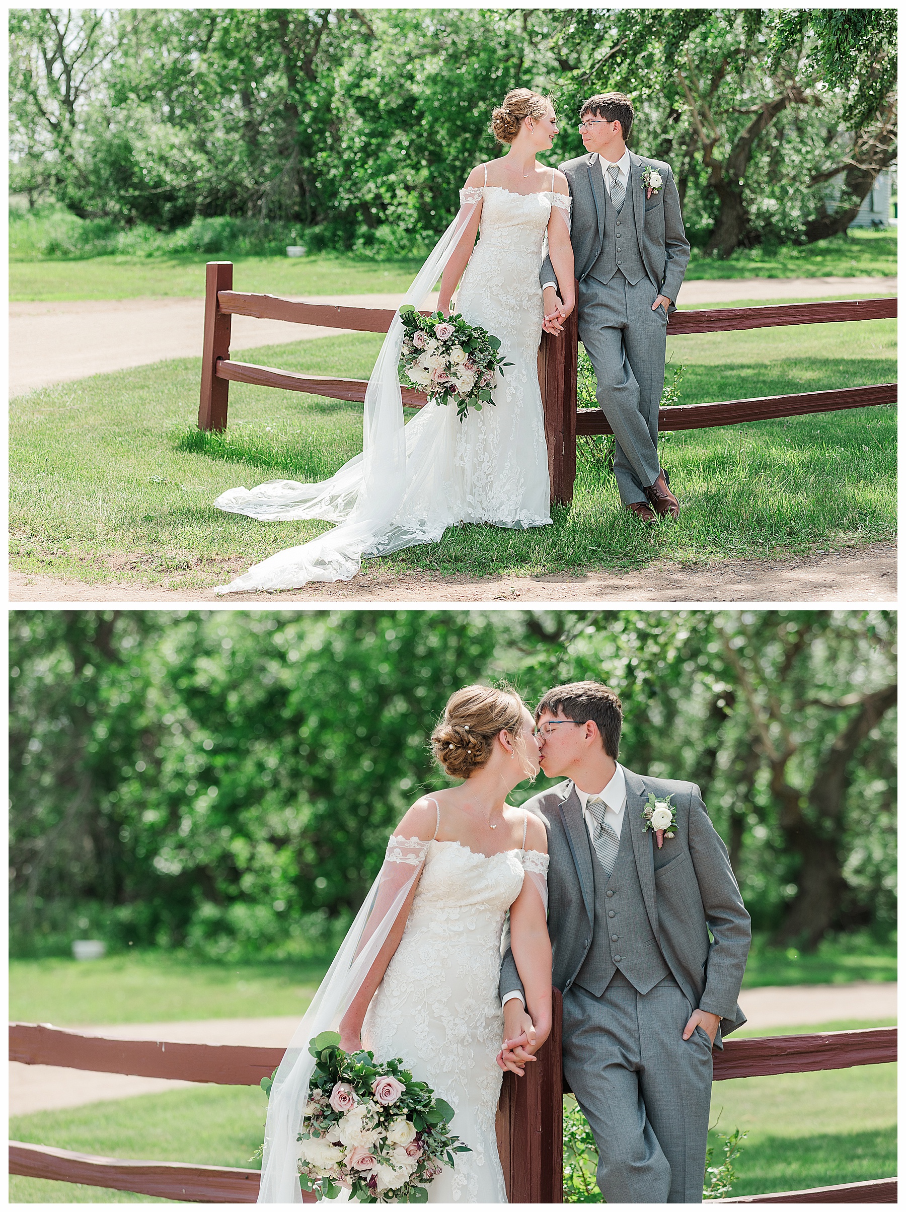 Bride and groom next to spit rail fence.  Wedding photos in Bismarck ND