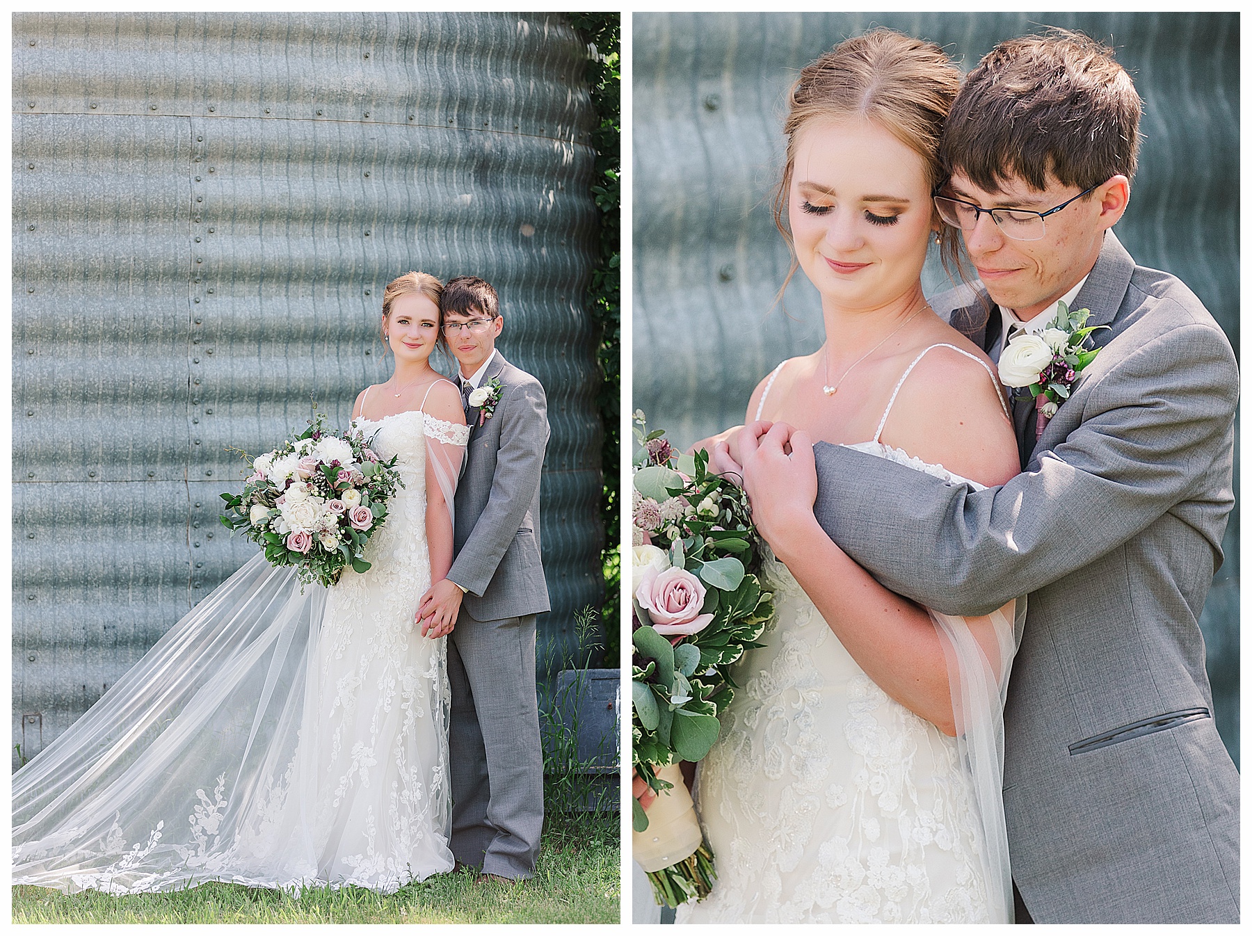 Bride and Groom next to grain bin silo at country wedding in North Dakota. Wonderful windy summer wedding
