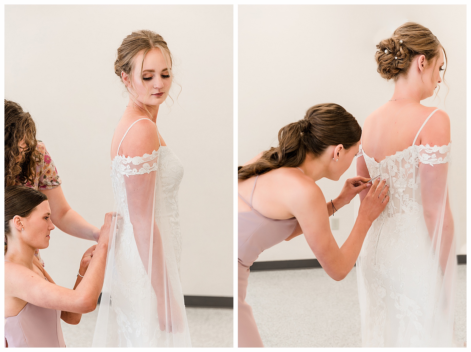 sister buttoning bride's gown.  Photographer in Bismarck ND