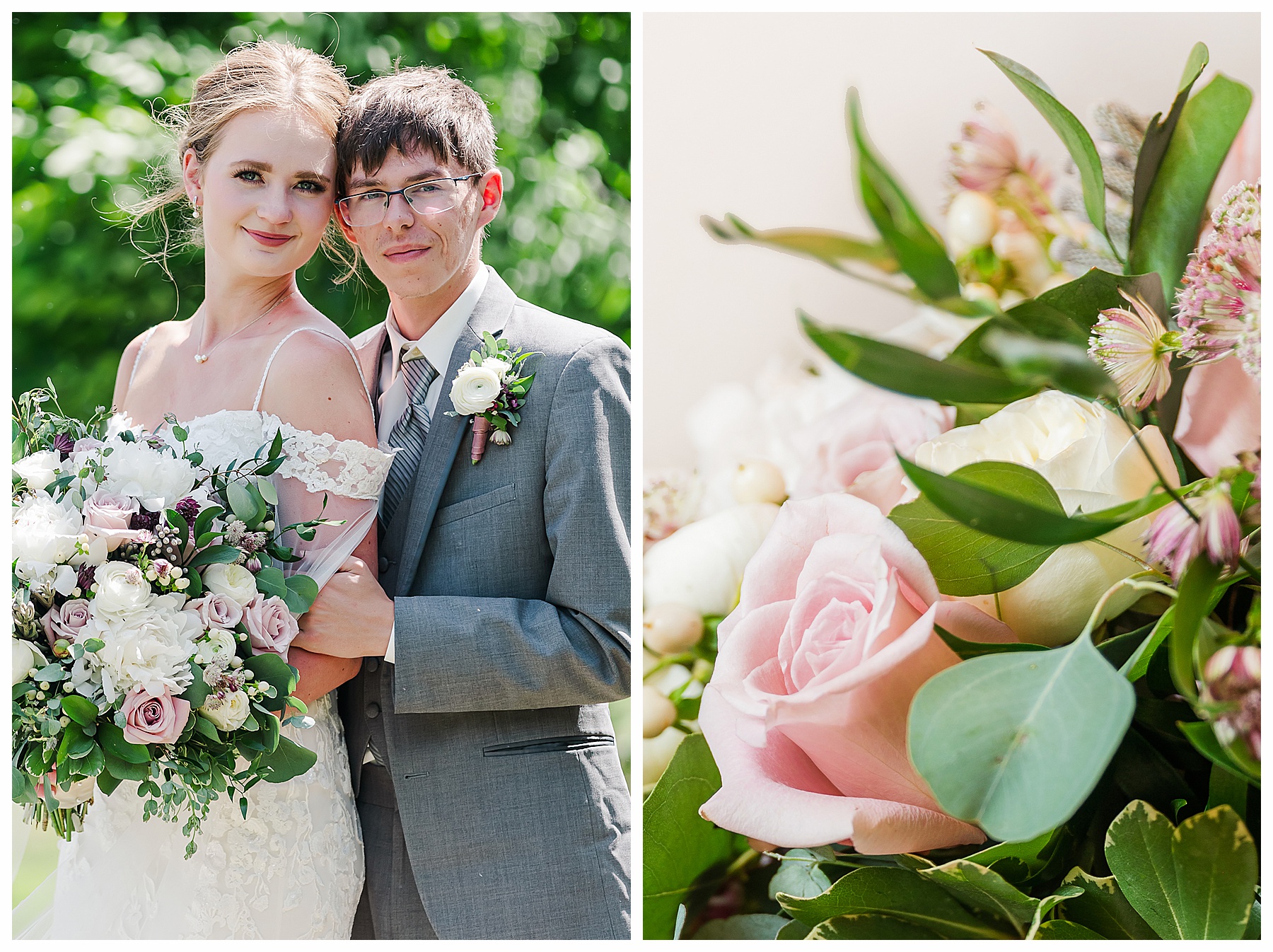 Traditional portrait of bride and groom with pink and cream bouquet.  Wedding photography in Bismarck ND